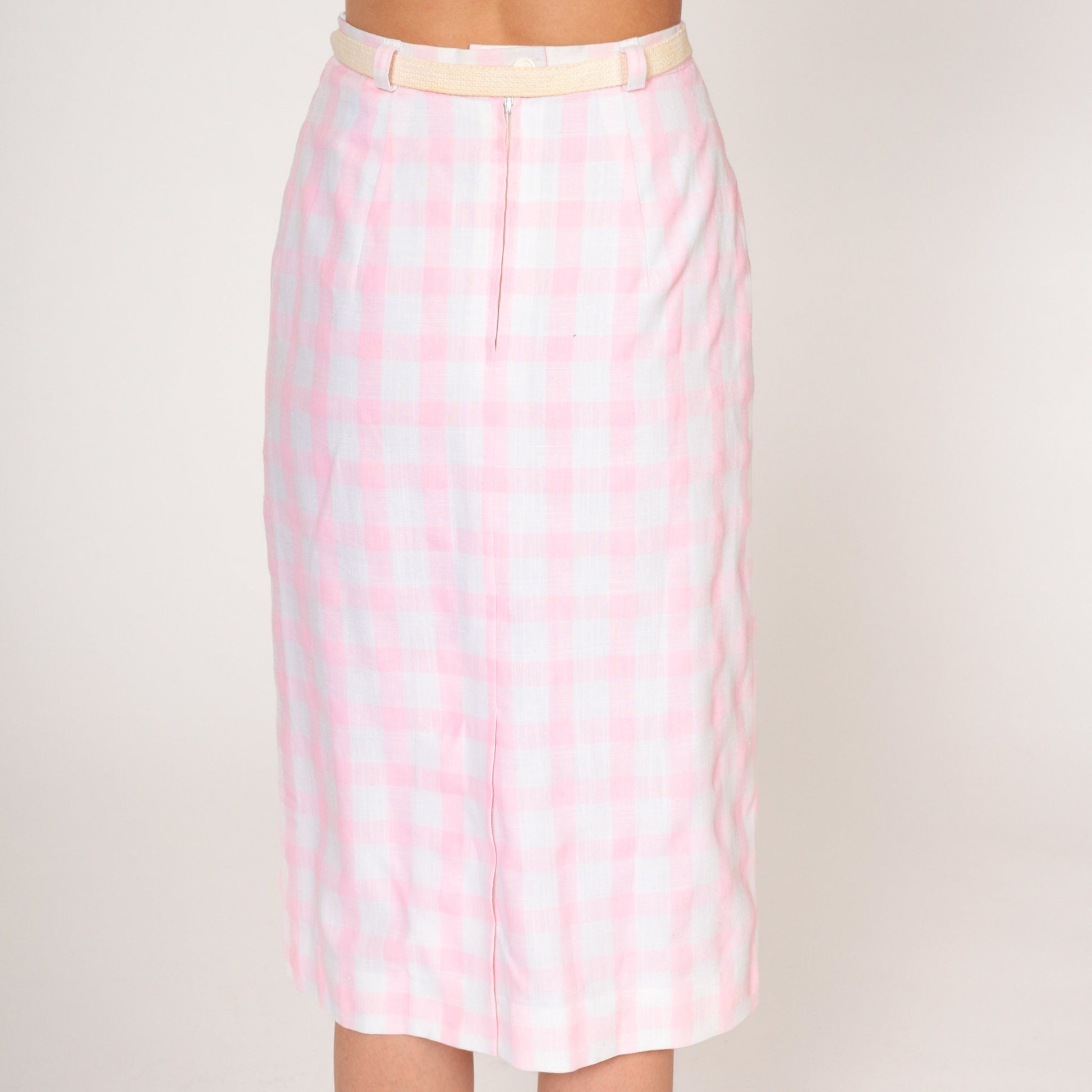 60s Pink Gingham Midi Skirt High Waisted Belted Pencil Extra Small XS