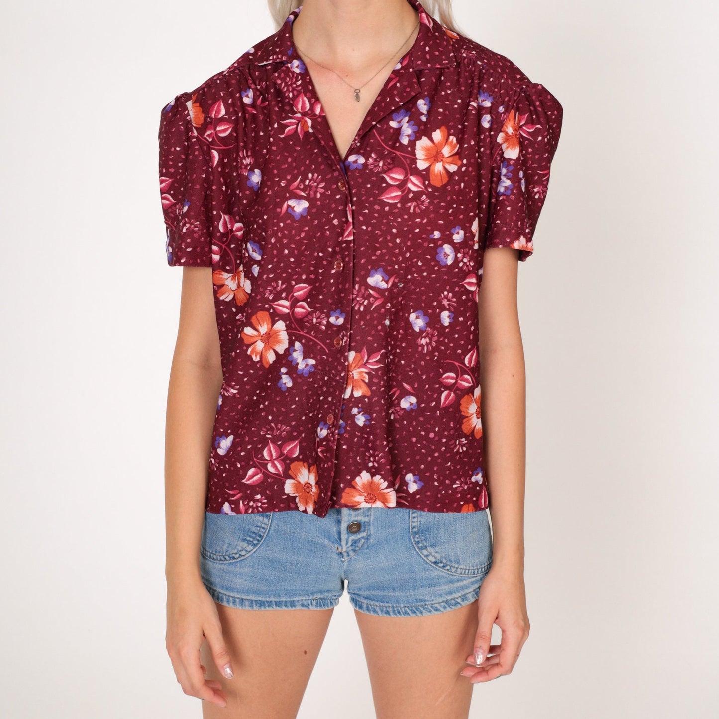 70s Burgundy Floral Puff Sleeve Button-Up Blouse Dot Print Medium