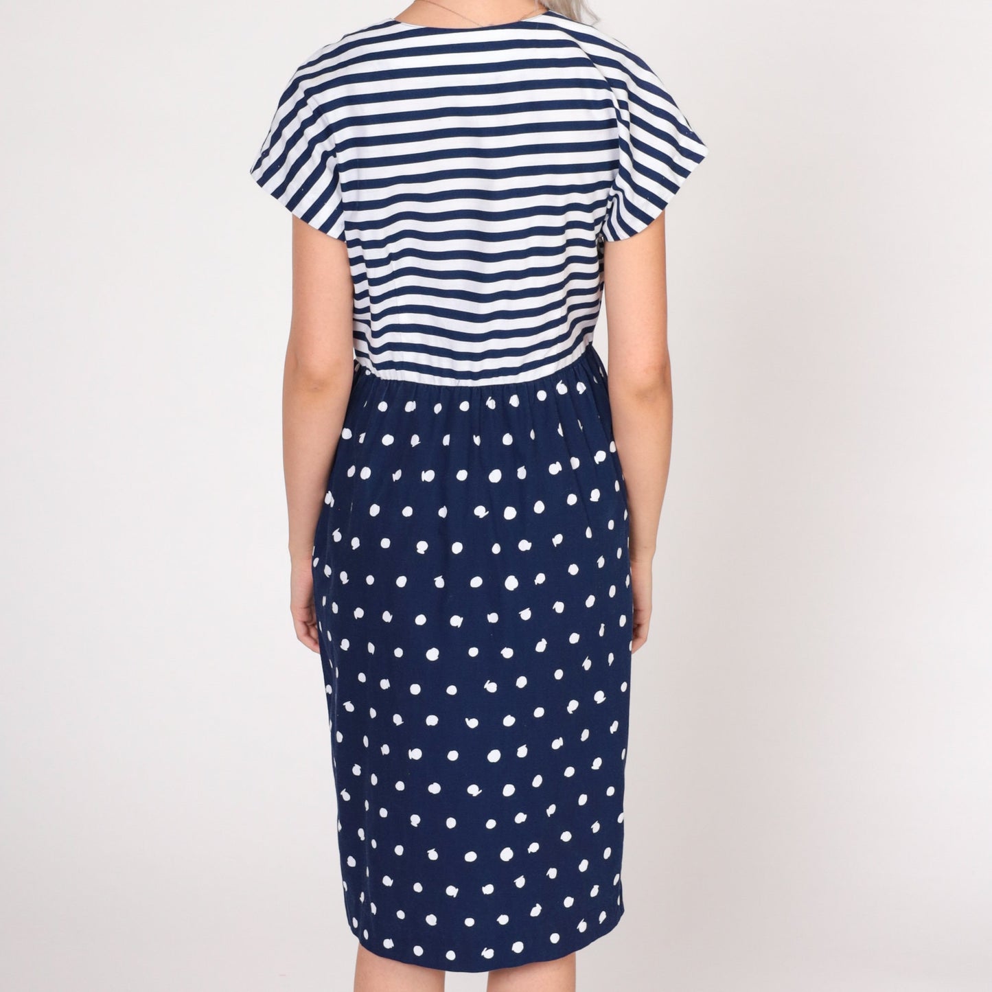 80s California Girl Petites Day Dress Blue White Striped Polka Dot Knee Length Small