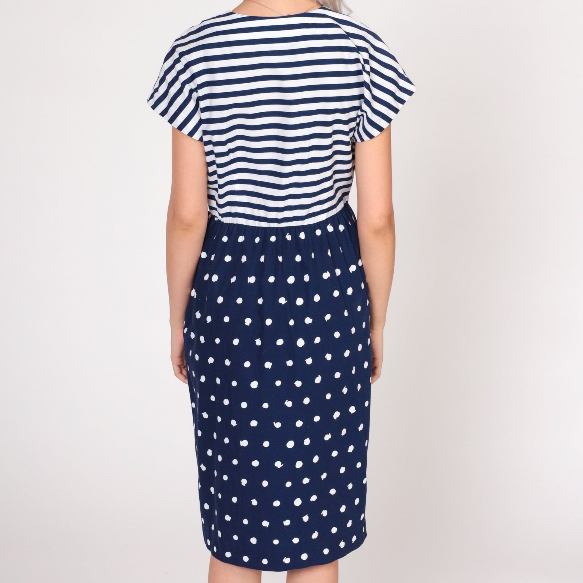 80s California Girl Petites Day Dress Blue White Striped Polka Dot Knee Length Small