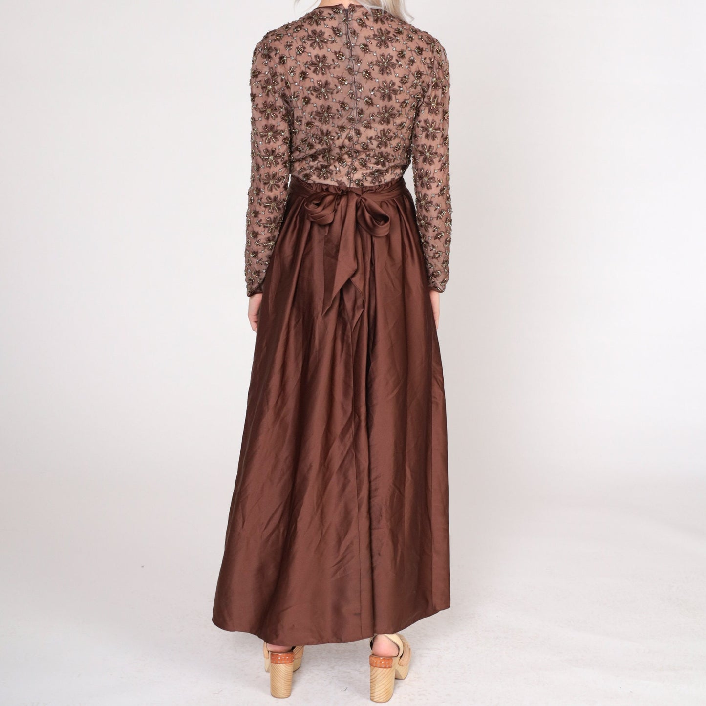 1960s Brown Beaded Floral Maxi Dress Long Sleeve High Waist Small
