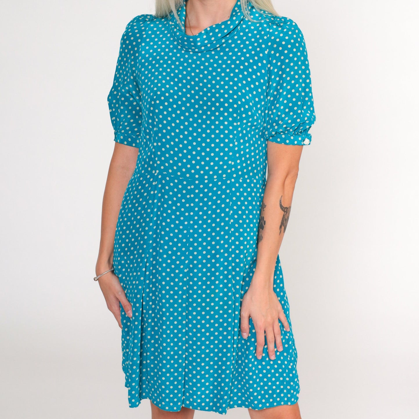 70s Blue Polka Dot Silk Shift Dress Puff Sleeve Mini High Waist Extra Small