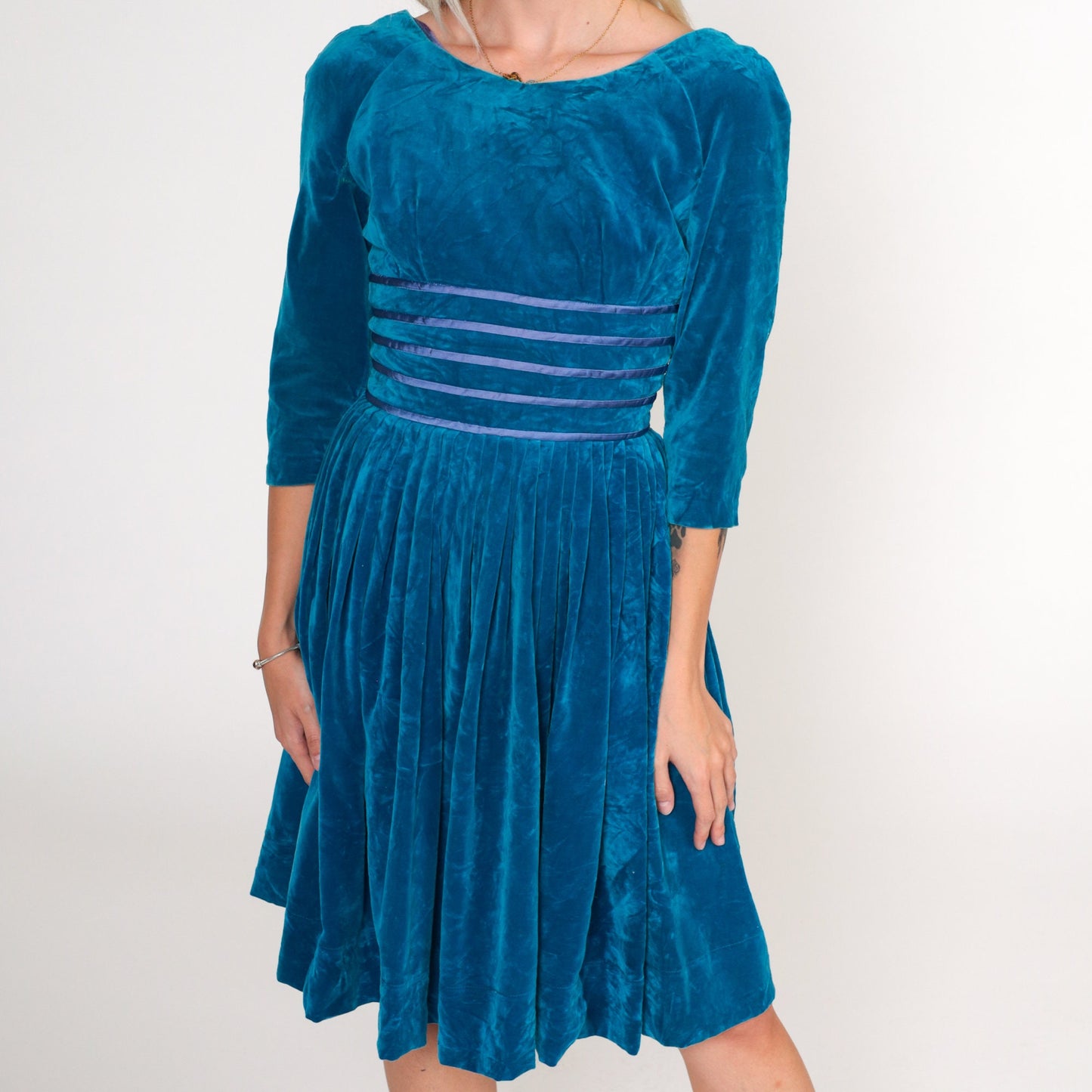 60s Blue Velvet Party Dress Empire Waist Pleated Mini 3/4 Sleeve XXS