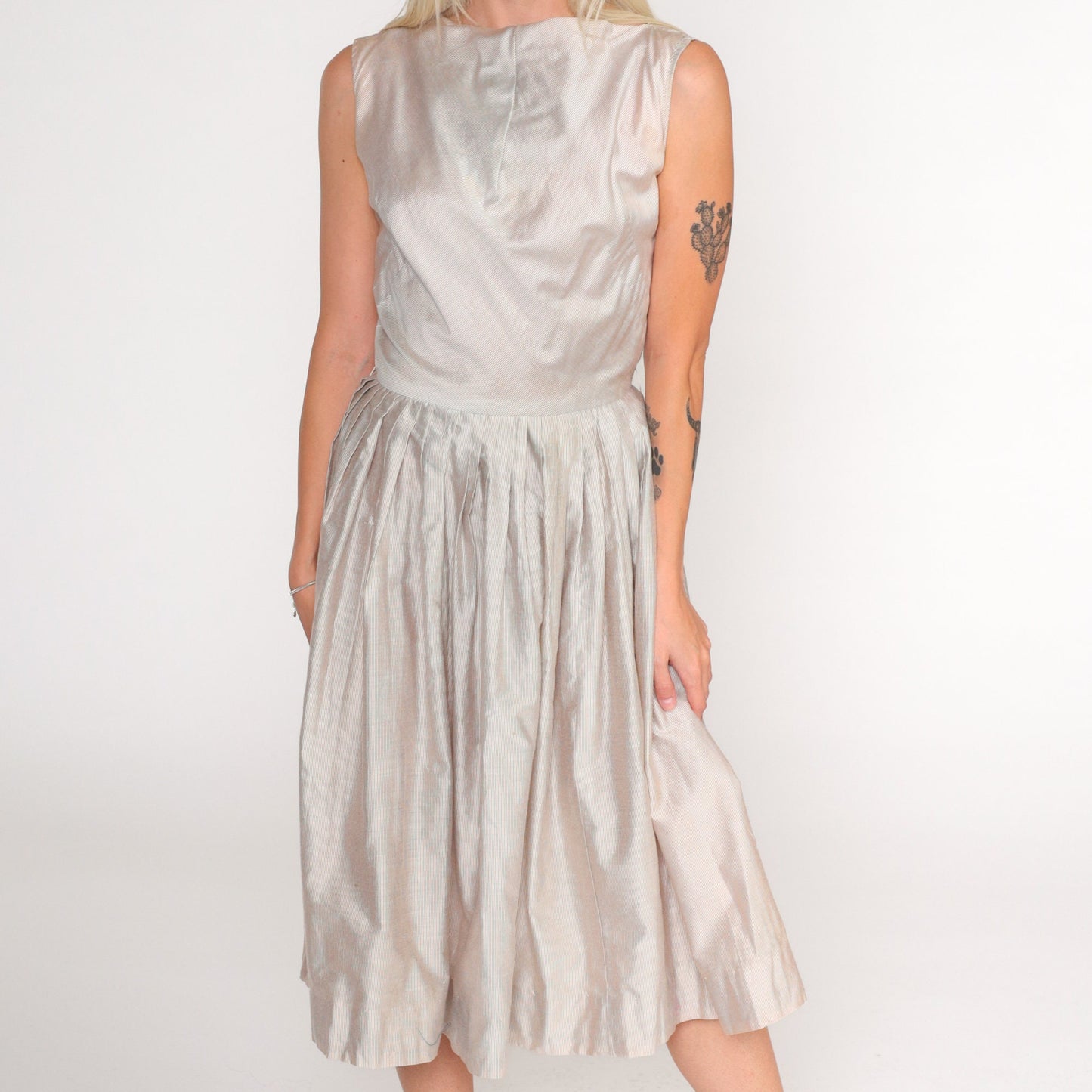 60s Frolic Time Pinstriped Pleated Midi Dress High Waist White Brown Small