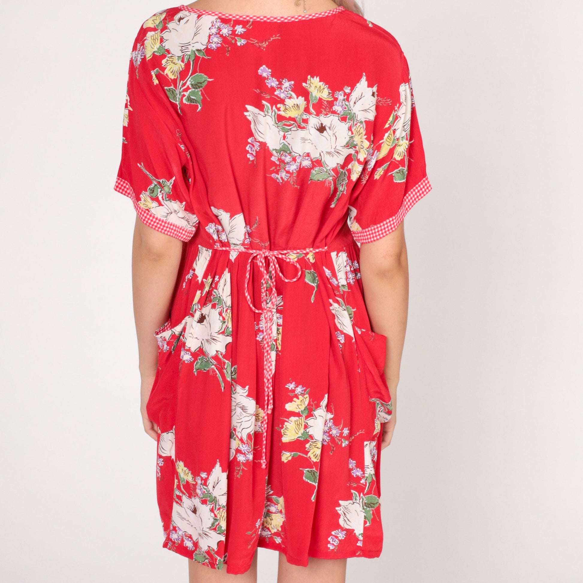 90s Red Floral Mini Dress High Waisted Gingham Trim Pockets Small