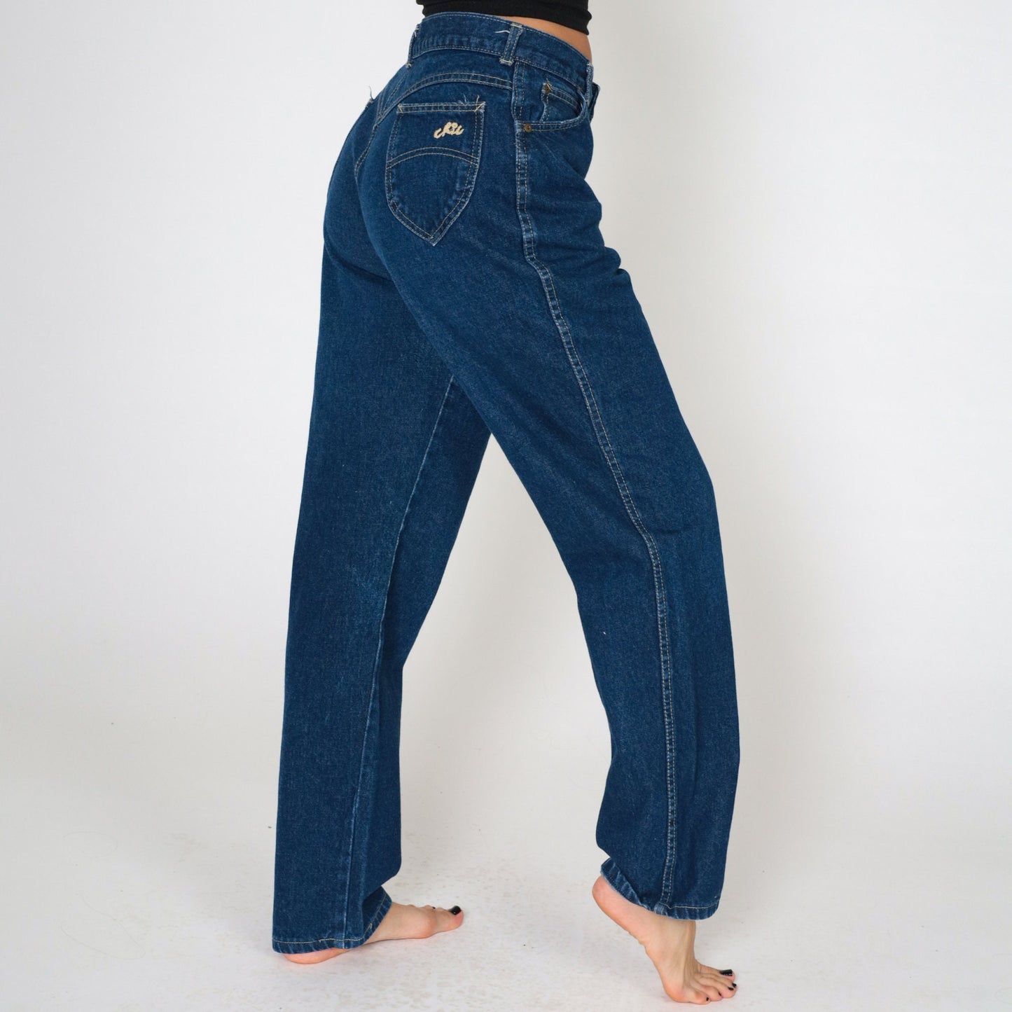 80s Dark Wash High Waisted Jeans Straight Leg Tapered Cotton Denim Medium