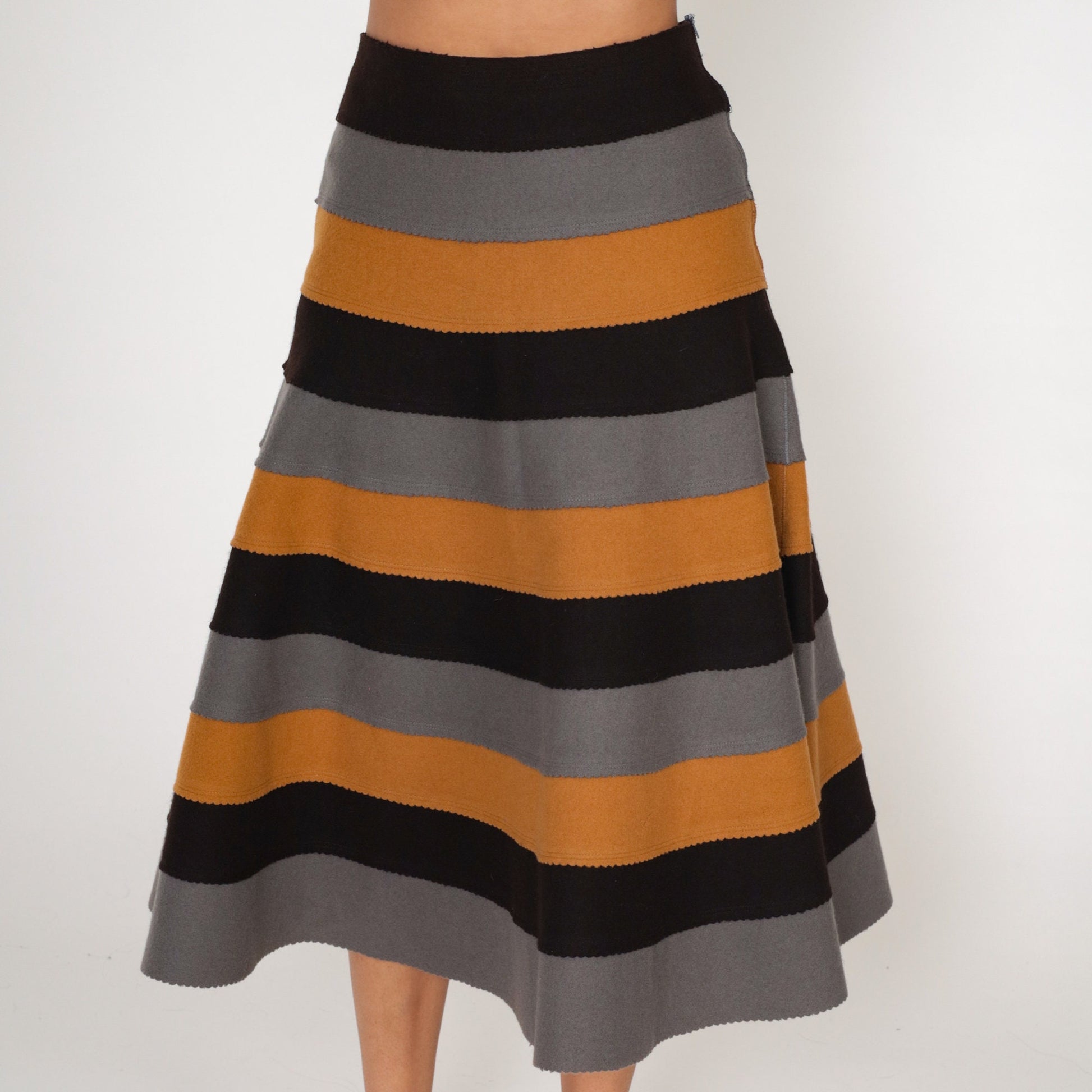 90s Wool Striped Midi Skirt High Waist A-Line Black Brown Grey Medium