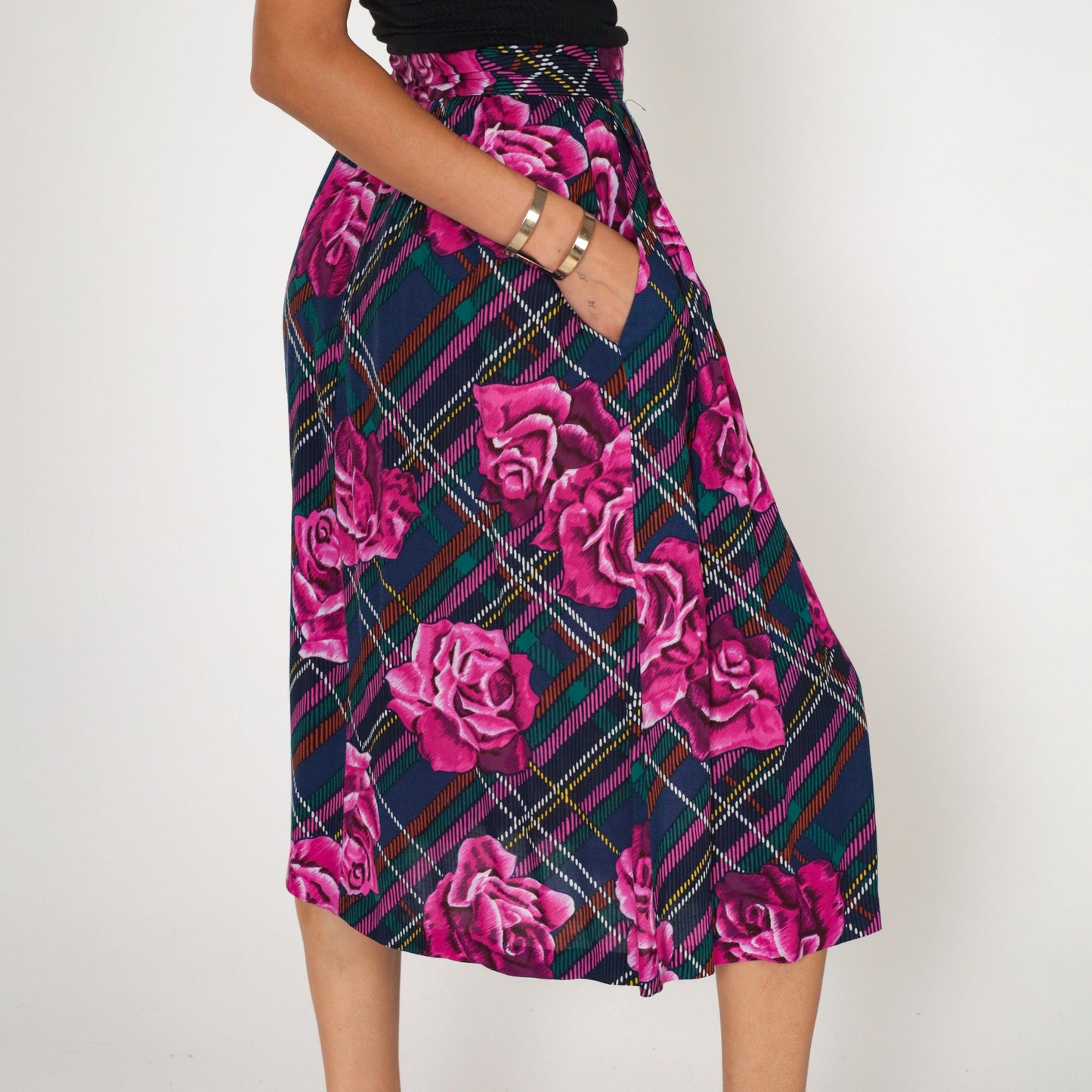80s Plaid Floral Midi Skirt Purple Blue High Waist Pockets Small
