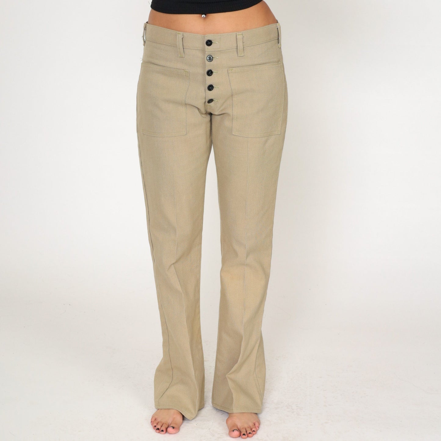70s Tan Flared Trousers Exposed Button Fly Bell Bottom Mid Rise Medium