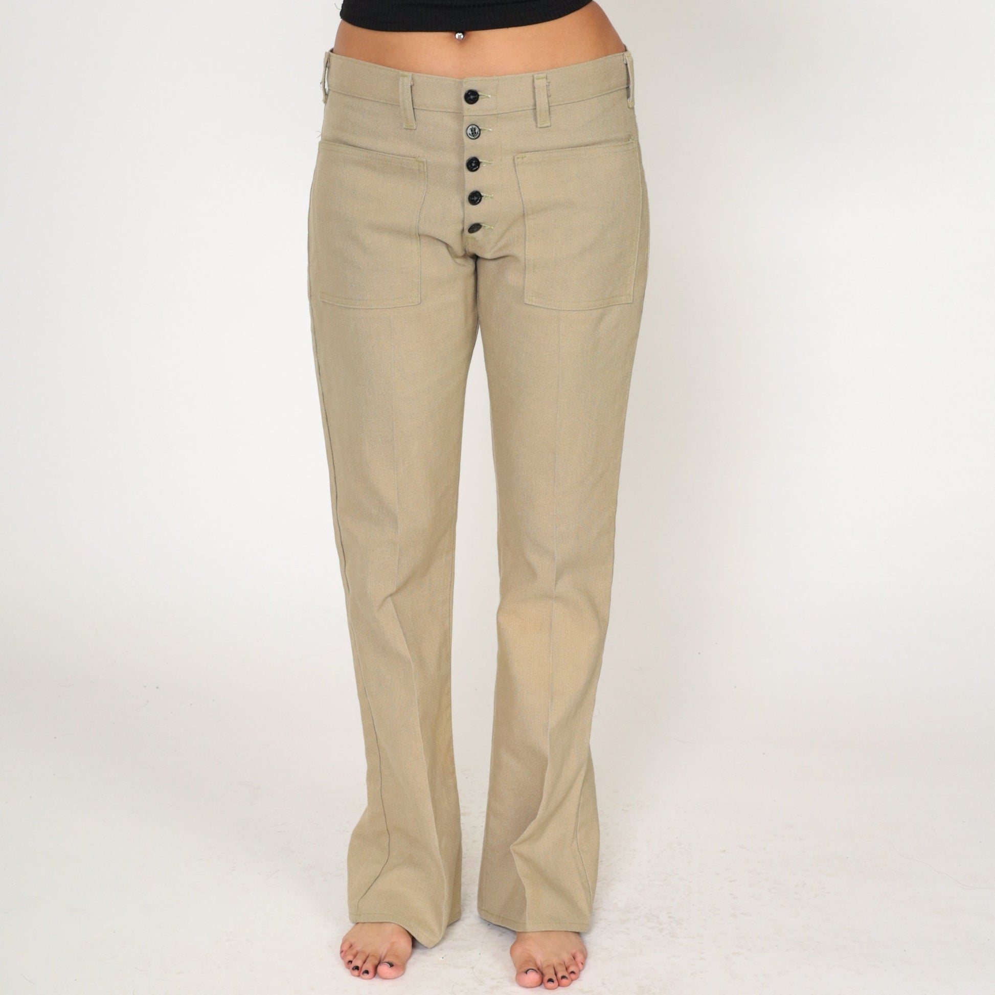 70s Tan Flared Trousers Exposed Button Fly Bell Bottom Mid Rise Medium