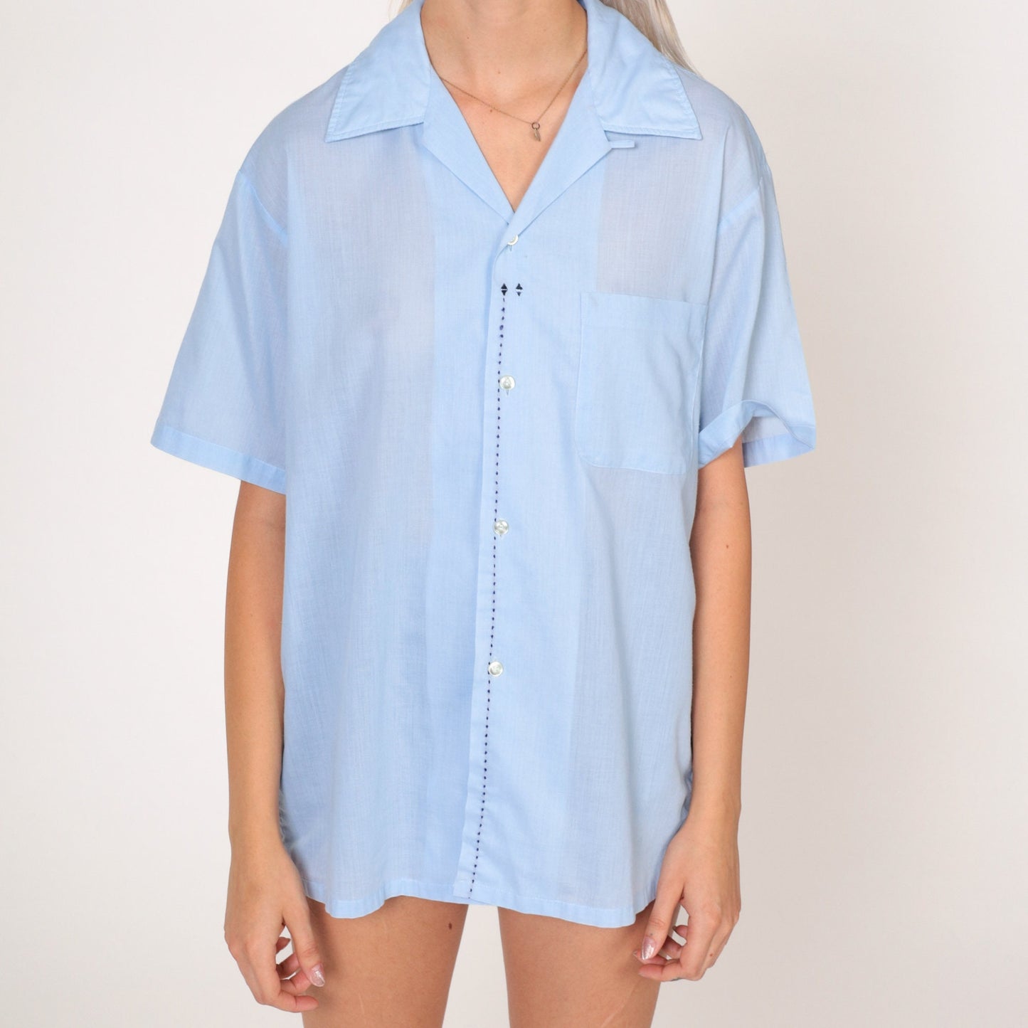 70s Baby Blue Button-Up Shirt Black Topstitching Short Sleeve Mens Large L