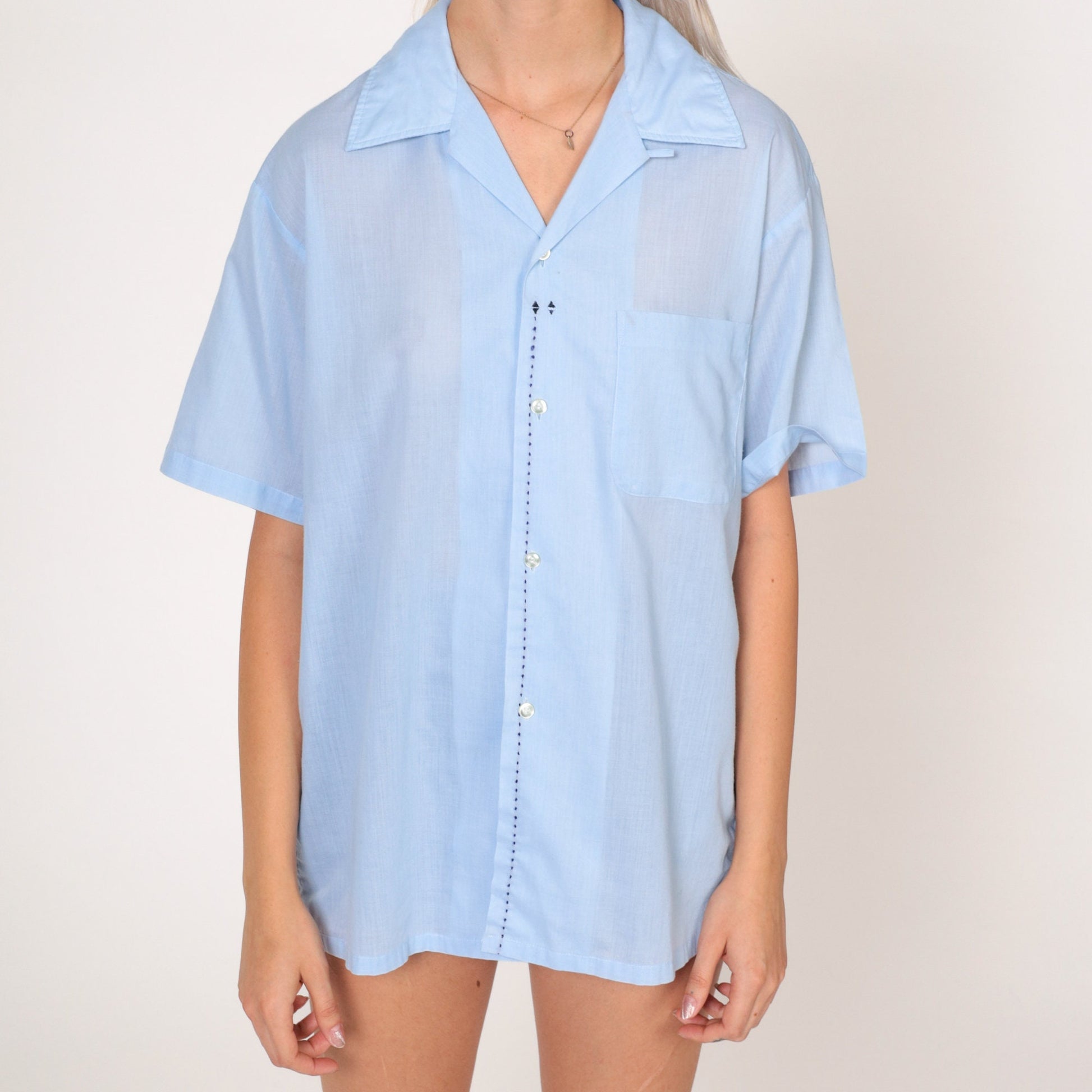 70s Baby Blue Button-Up Shirt Black Topstitching Short Sleeve Mens Large L