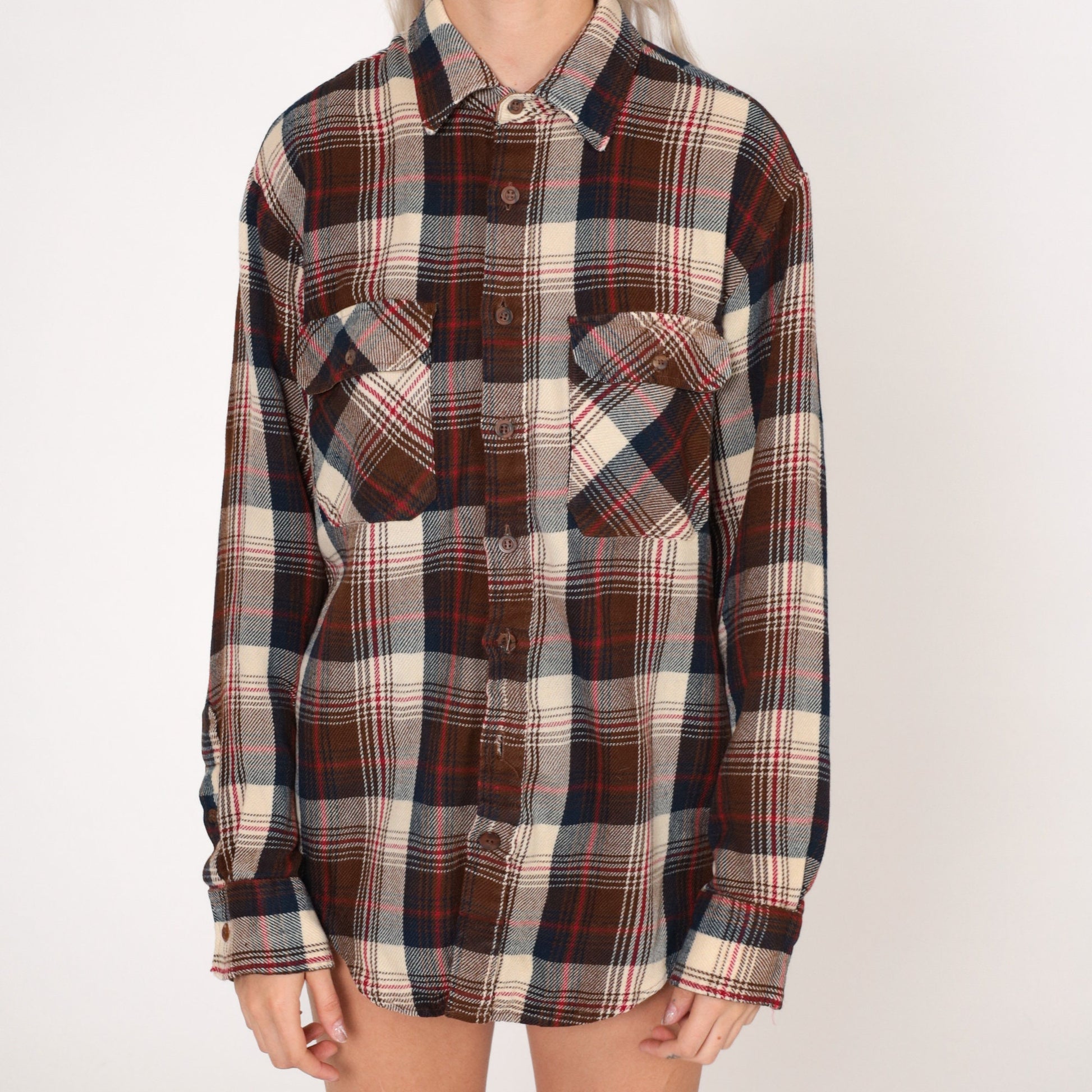 80s Sears Plaid Flannel Button-Up Shirt Brown Cream Navy Tall Medium