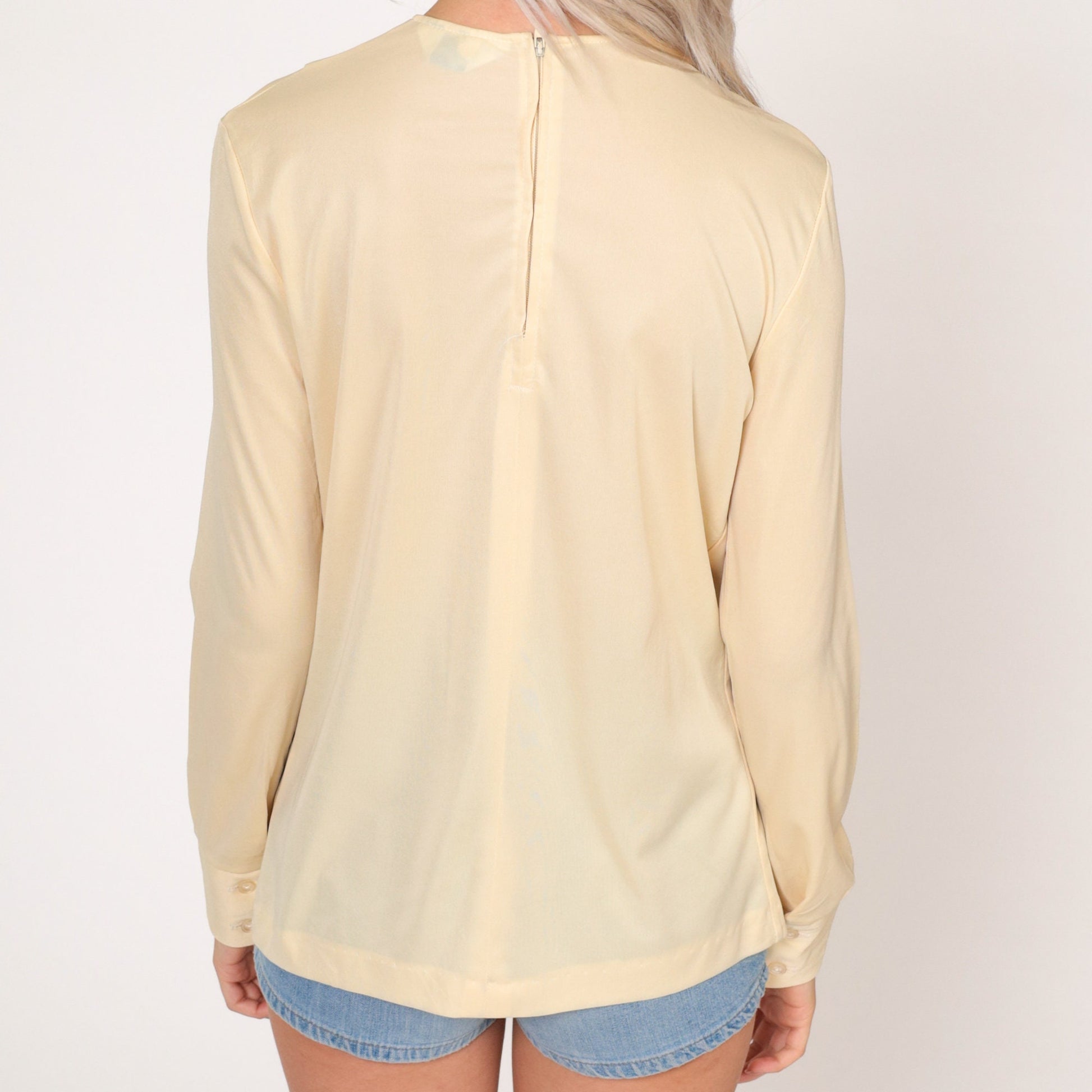 70s Cream Semi-Sheer Blouse Long Sleeve Ruched Back Zip Top Small
