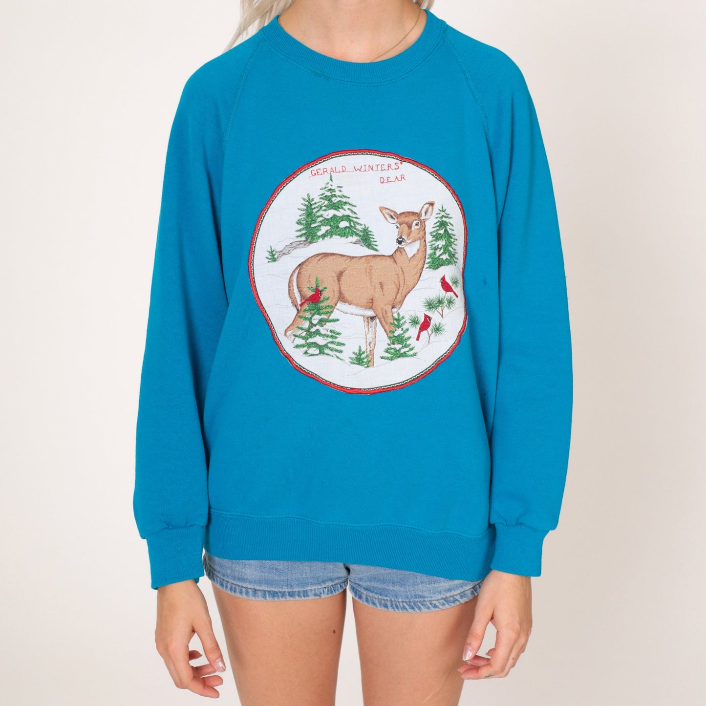 80s Gerald Winters Dear Sweatshirt Blue Deer Cardinal Graphic Raglan Medium