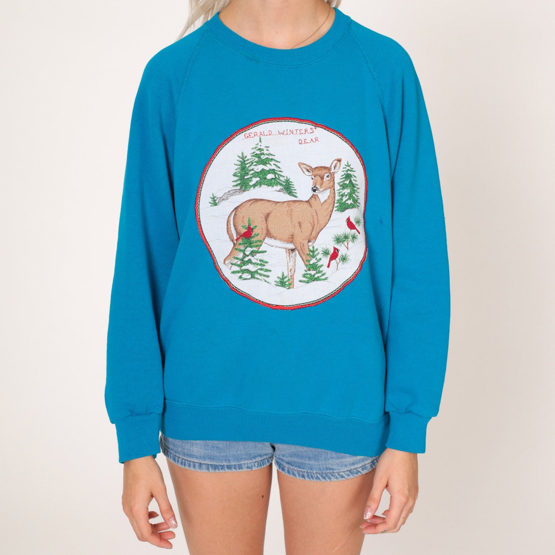 80s Gerald Winters Dear Sweatshirt Blue Deer Cardinal Graphic Raglan Medium