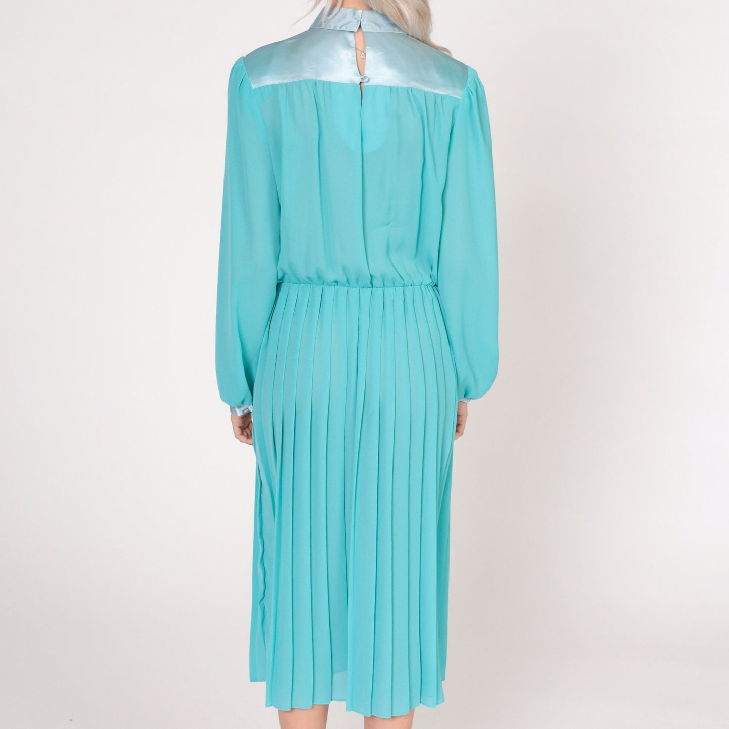 70s Aqua Blue Pleated Midi Dress Collared Puff Sleeve High Waisted Large L