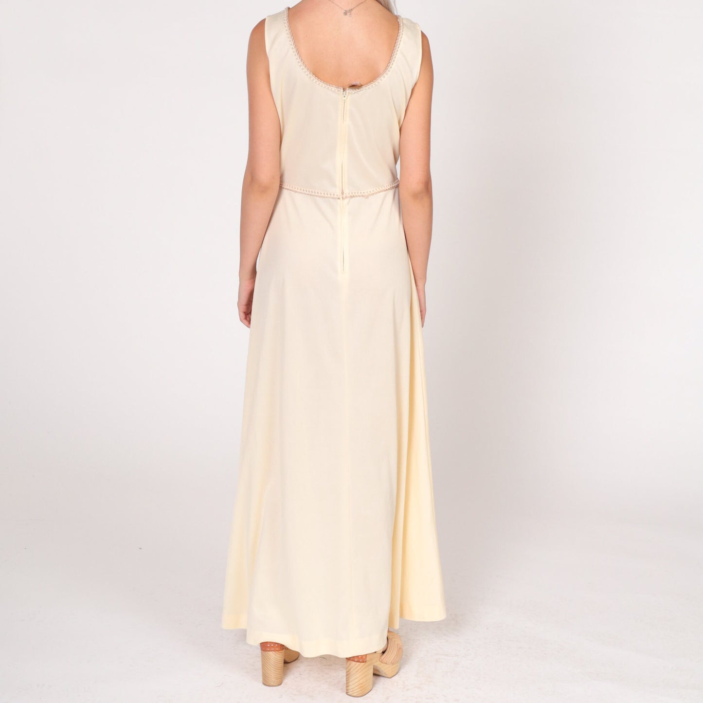 70s Cream Maxi Dress Sleeveless High Waist Scalloped Trim Small