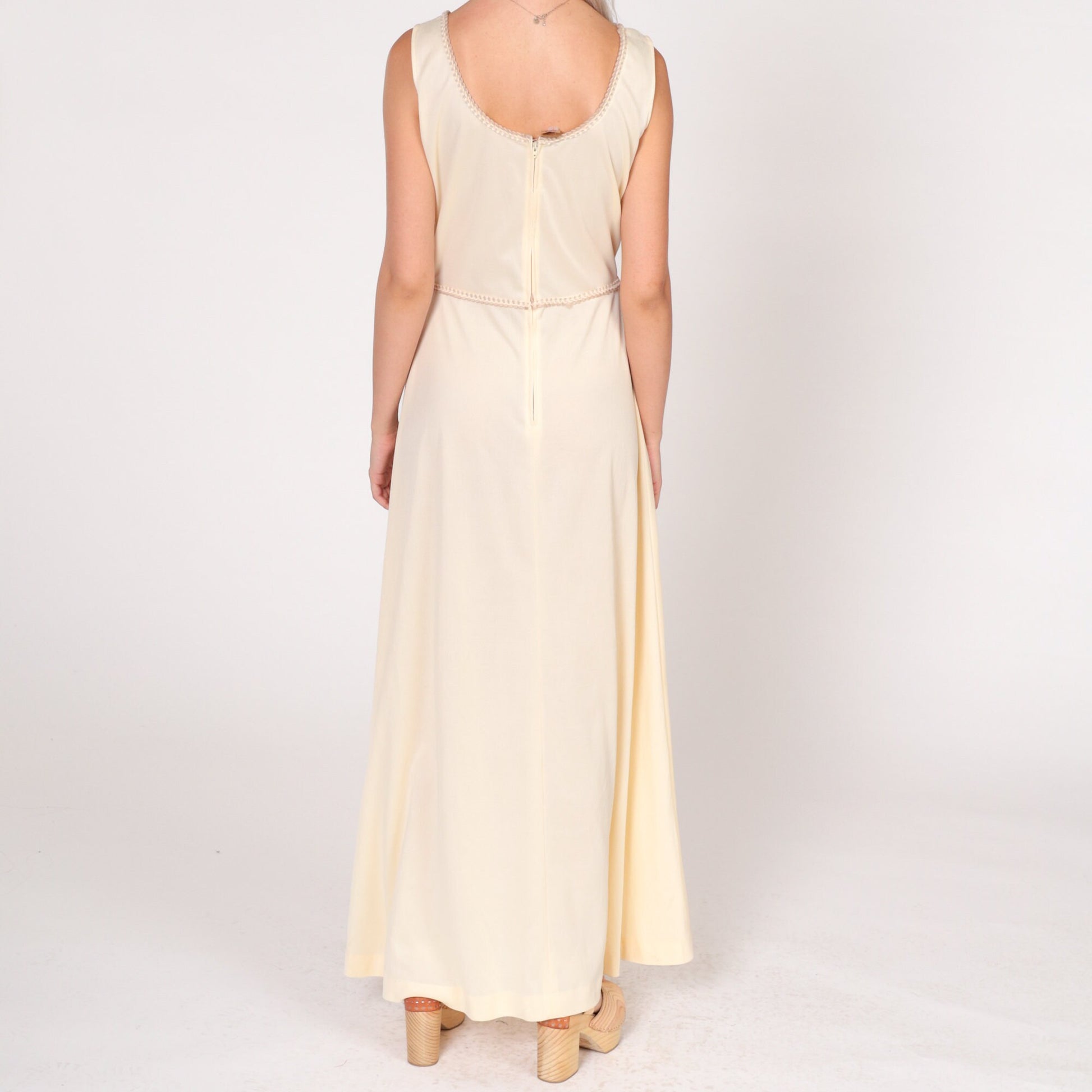 70s Cream Maxi Dress Sleeveless High Waist Scalloped Trim Small