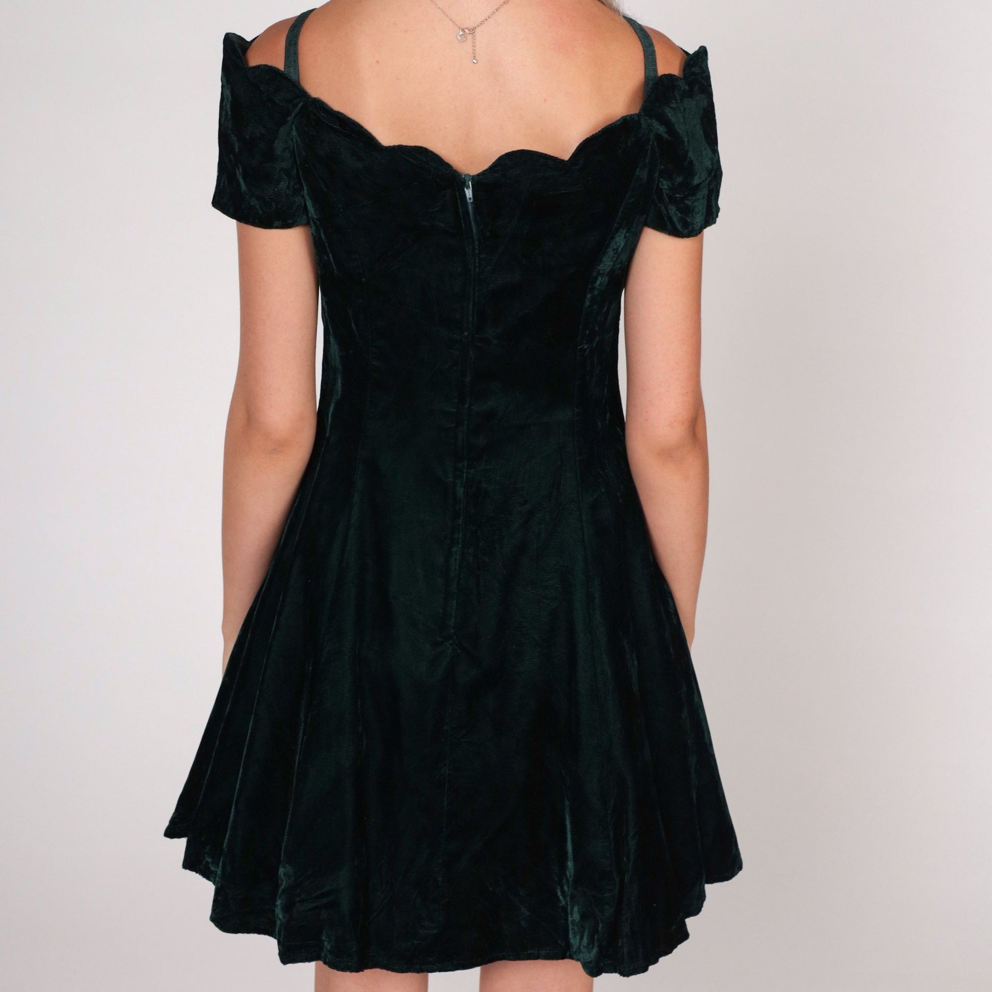 90s Dark Green Velvet Mini Dress Scalloped Off-Shoulder Small