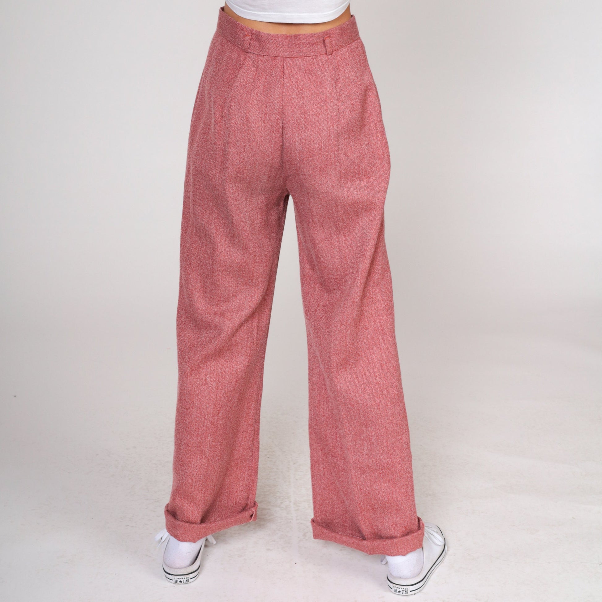 70s Heather Red High-Waisted Wide Leg Trousers Cuffed Straight Small S