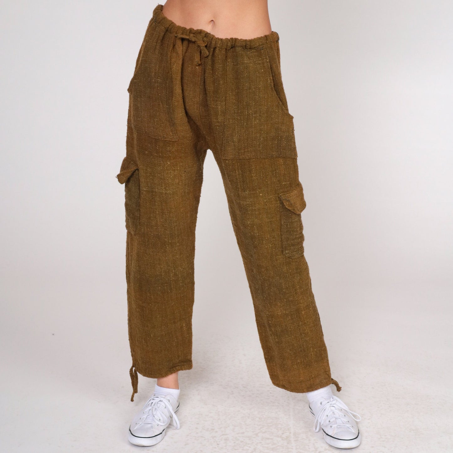 70s Brown Wool Cargo Pants Drawstring Waist Straight Leg Medium Large