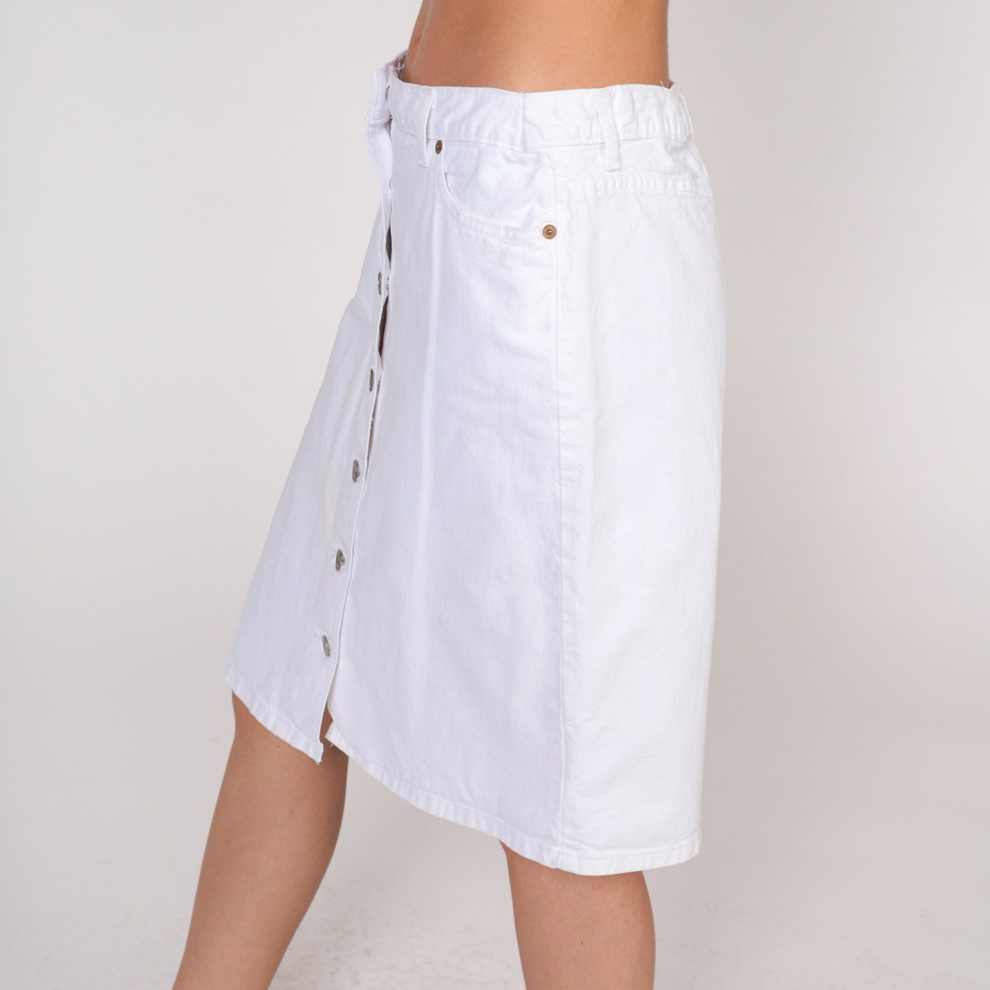 90s Guess White Denim Mini Skirt High Waisted Button Front Small 28