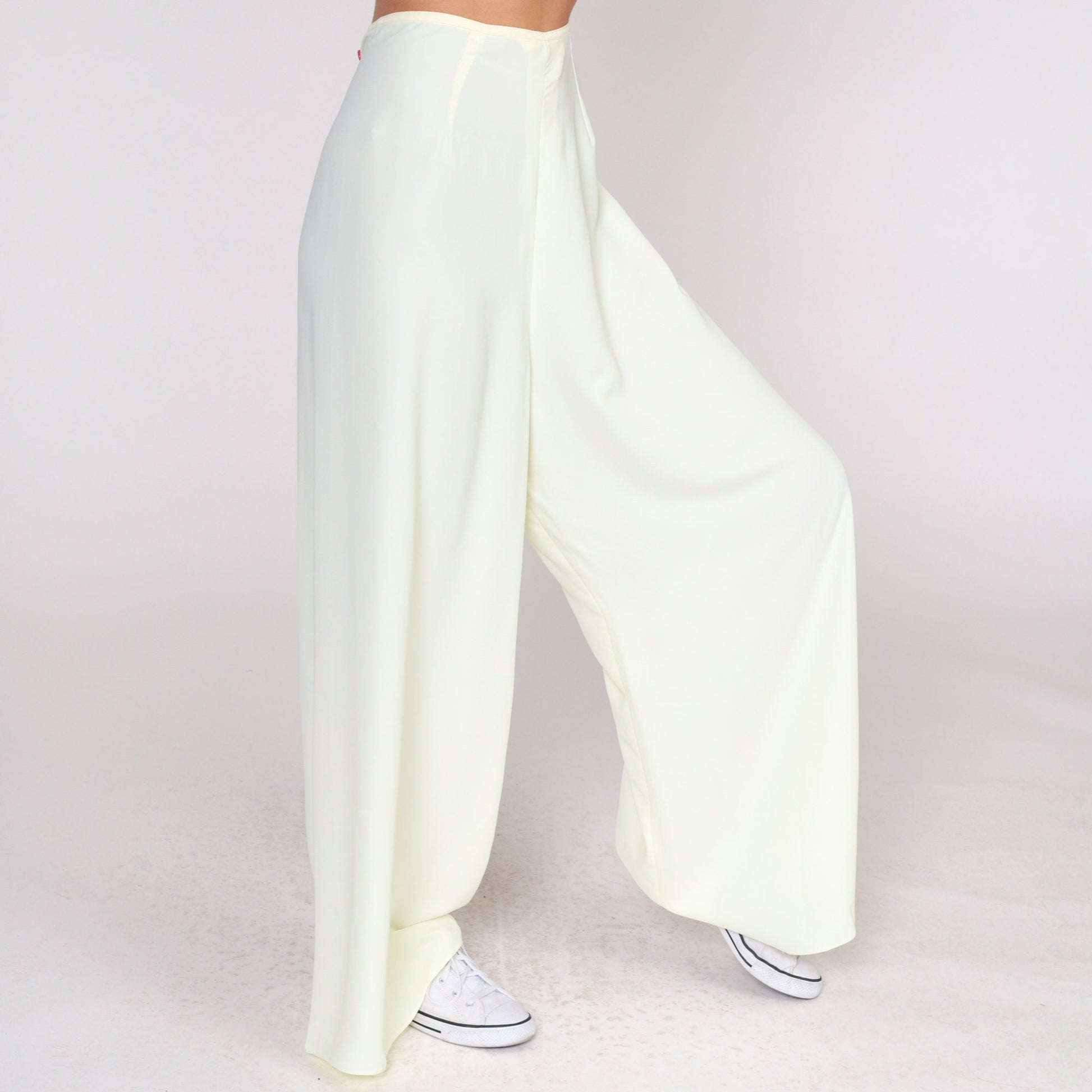70s Pale Yellow Wide Leg Palazzo Pants High Waist Bell Bottom Medium