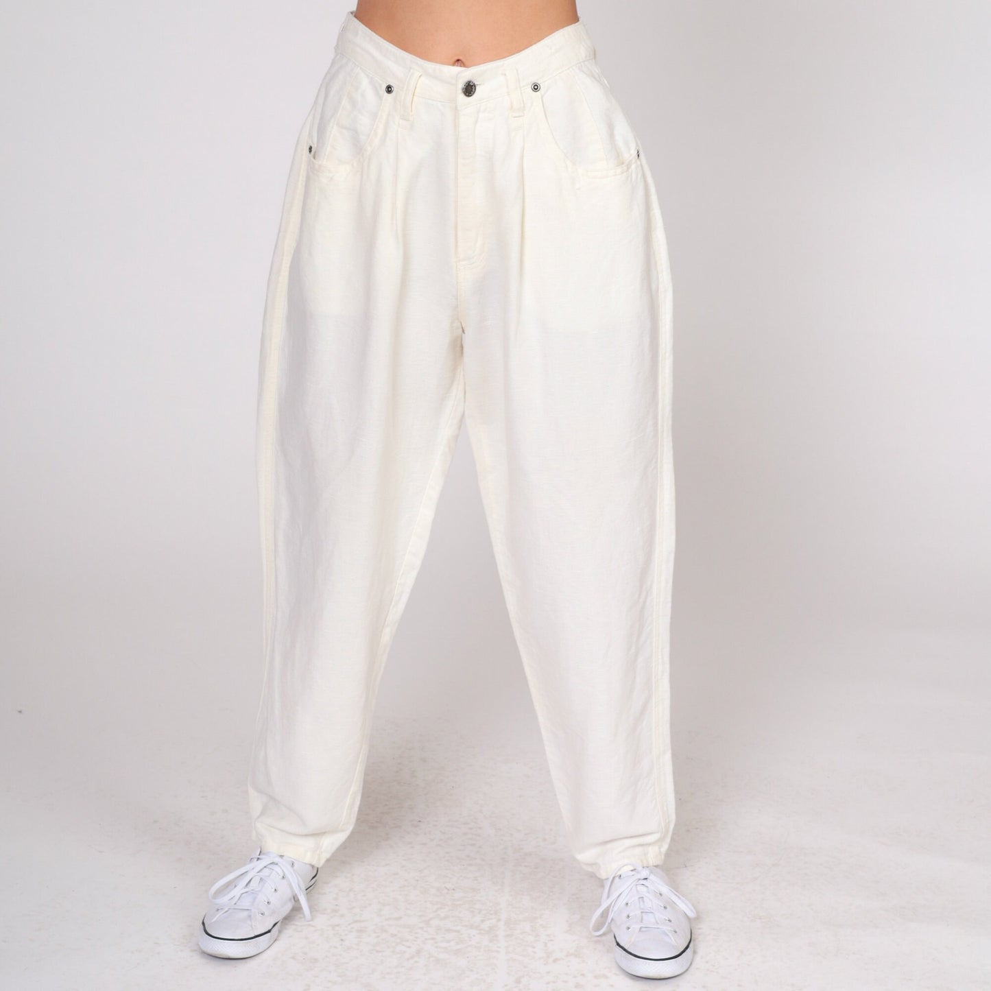 80s Cream Linen Pleated High-Waist Trousers Tapered Leg Small S
