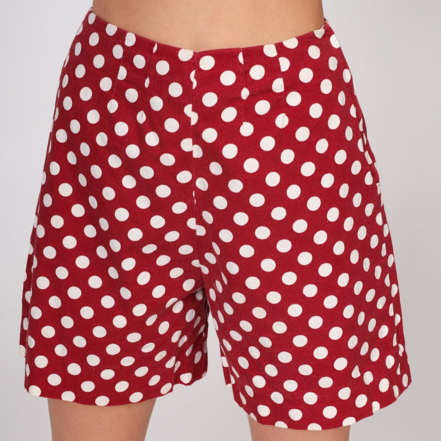 70s Red Polka Dot High-Waist Shorts White Cotton Knee-Length Extra Small