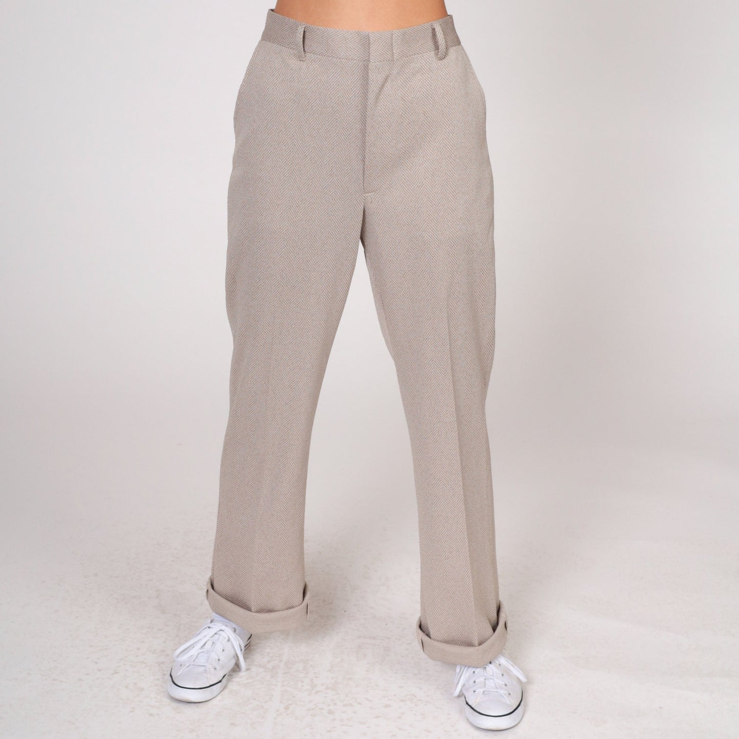 70s Herringbone High-Waisted Straight Trousers Sand Twill Cuffed Medium