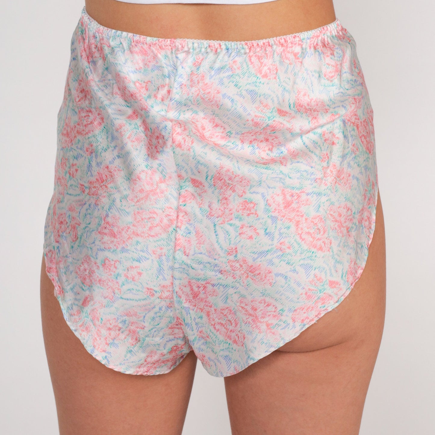 80s Courteney Floral Silk Sleep Shorts Dolphin Cut Pink Blue White Medium
