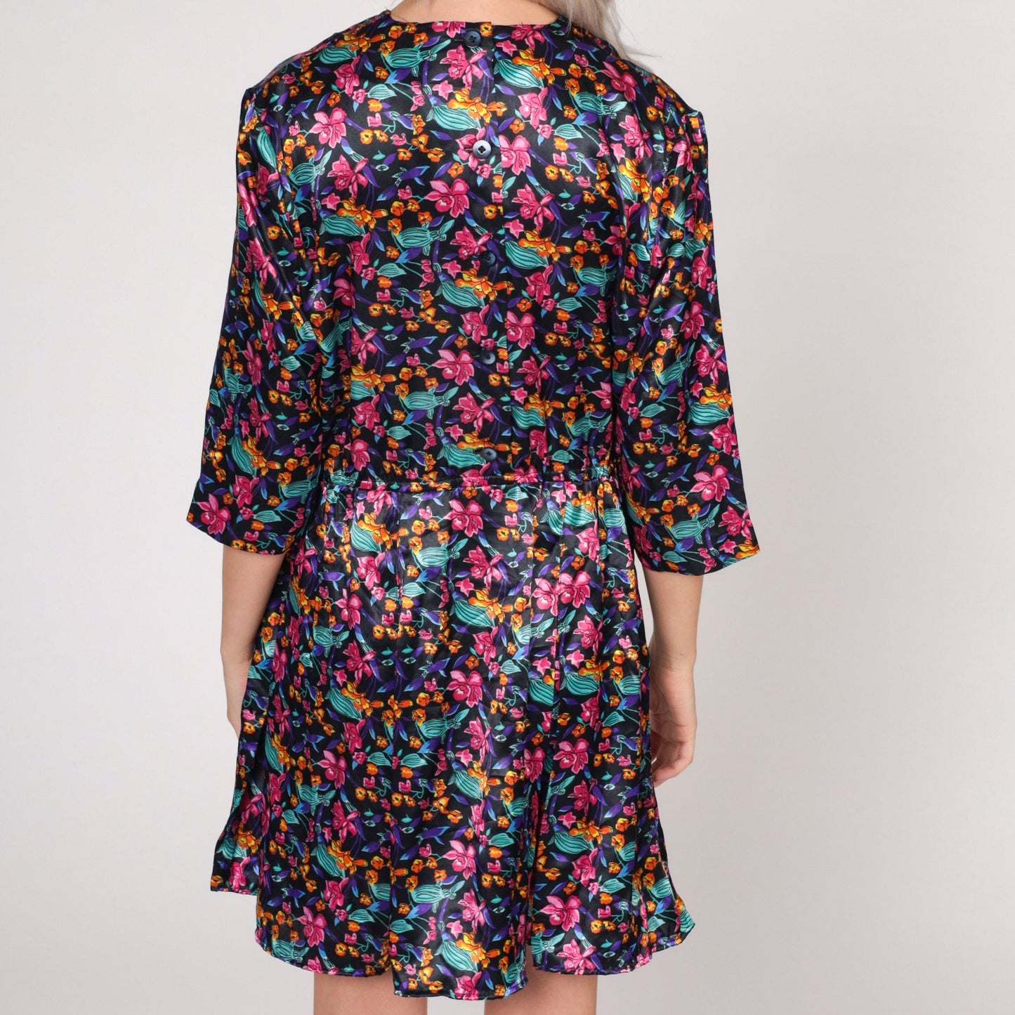 90s Black Floral Satin Mini Dress V-Neck Button Back Medium