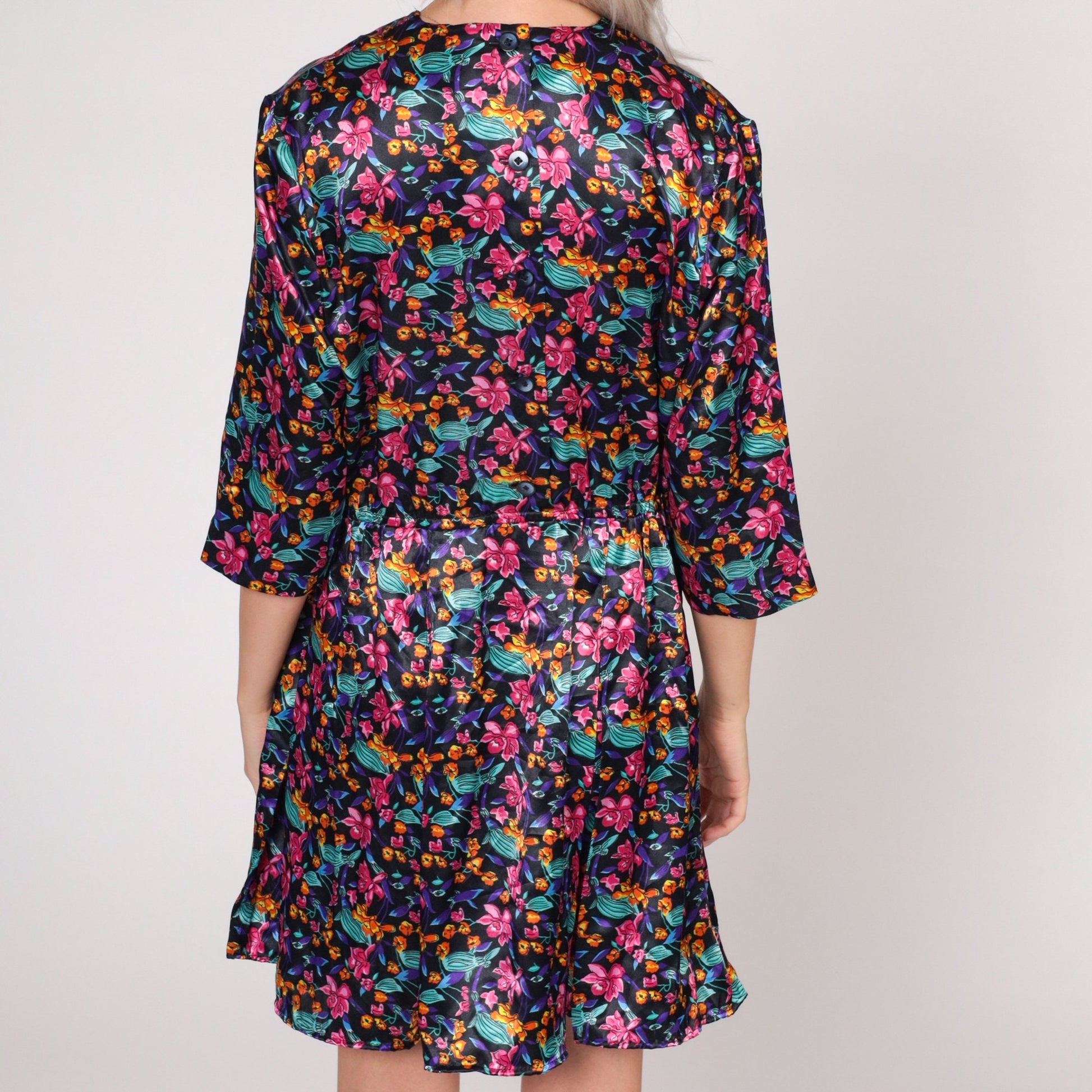 90s Black Floral Satin Mini Dress V-Neck Button Back Medium