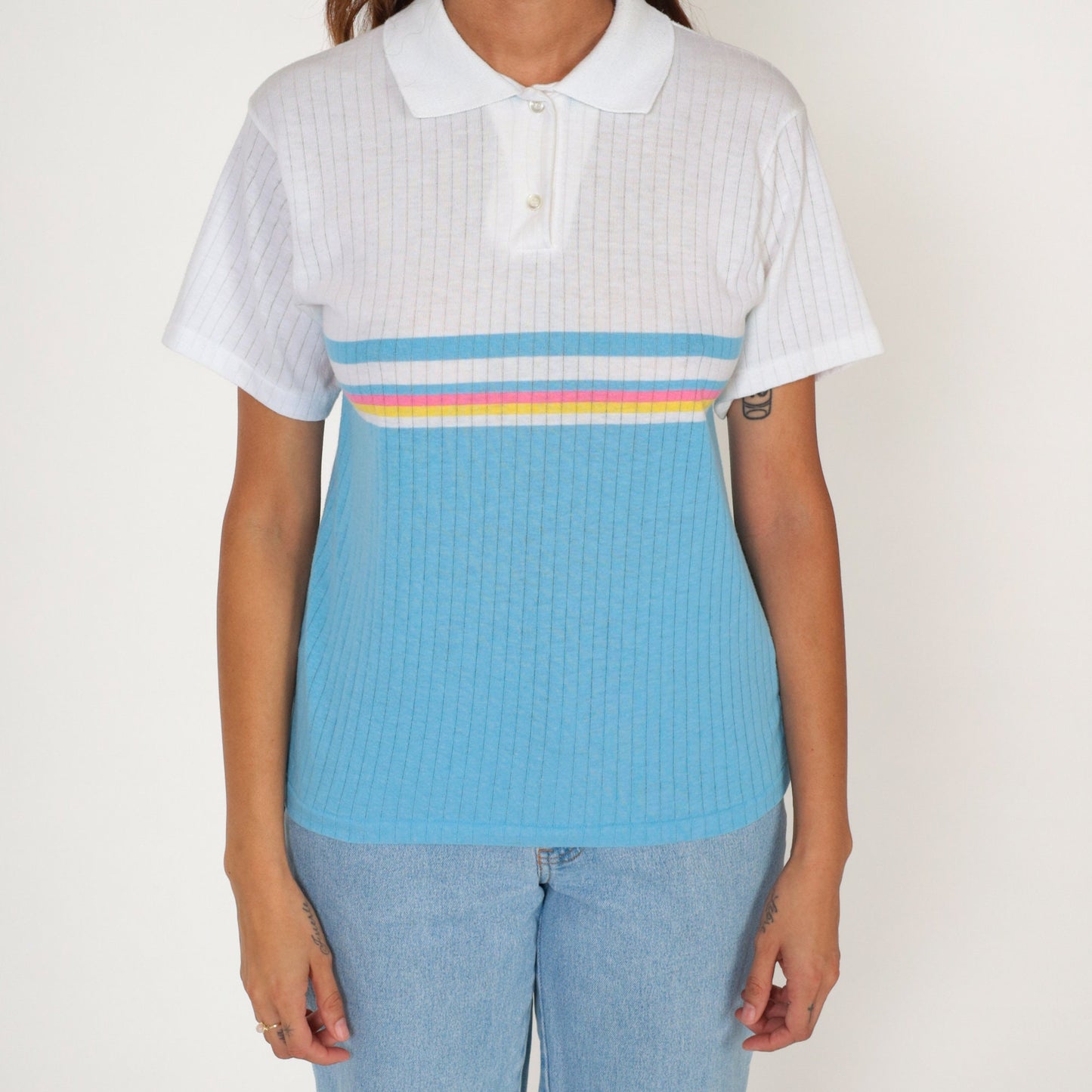 80s Striped Polo Shirt White Blue Pink Yellow Color Block Small