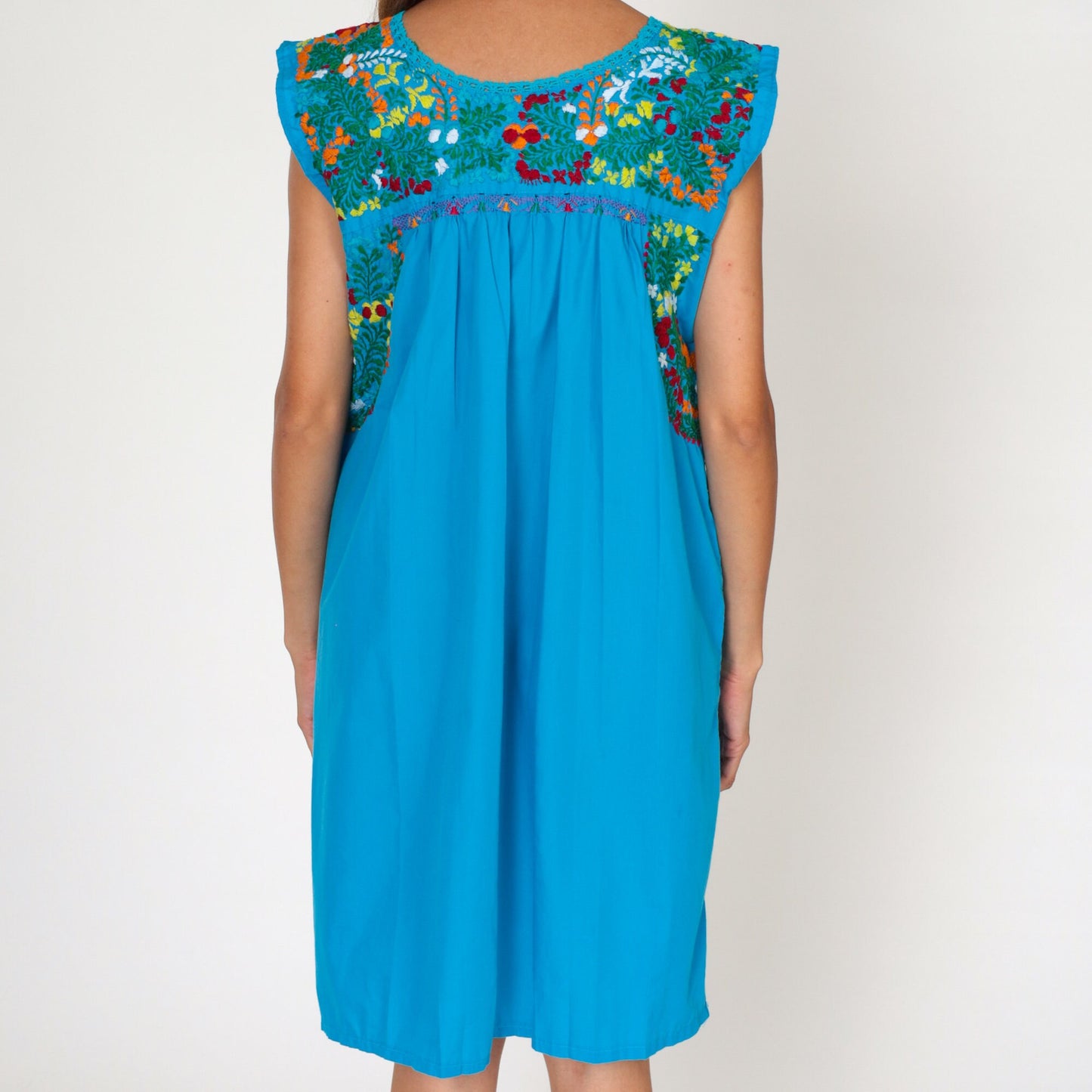 70s Mexican Oaxacan Embroidered Cotton Dress Turquoise Cap Sleeve Small Medium