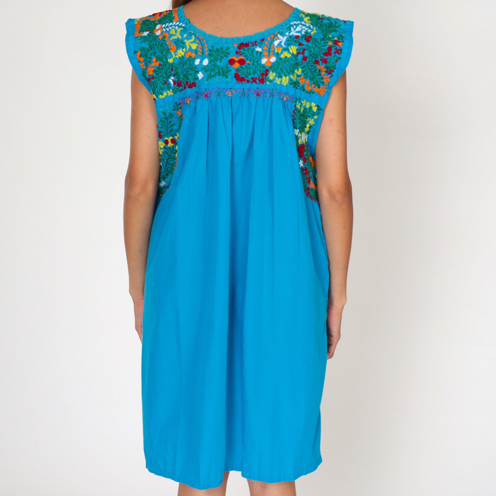 70s Mexican Oaxacan Embroidered Cotton Dress Turquoise Cap Sleeve Small Medium