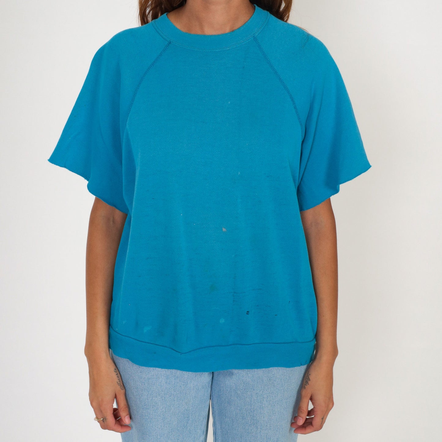 80s Blue Short Sleeve Sweatshirt Raglan Distressed Pullover Large
