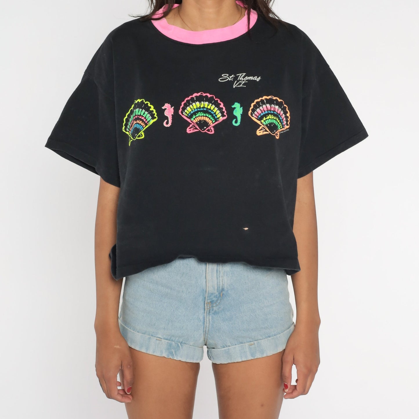 90s St Thomas Virgin Islands Crop Top Ringer Tee Black Neon Pink Graphic Medium