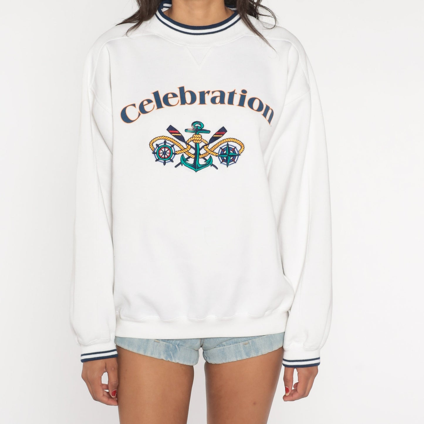 90s Anchor Celebration Ringer Sweatshirt White Navy Trim Nautical Graphic Large L