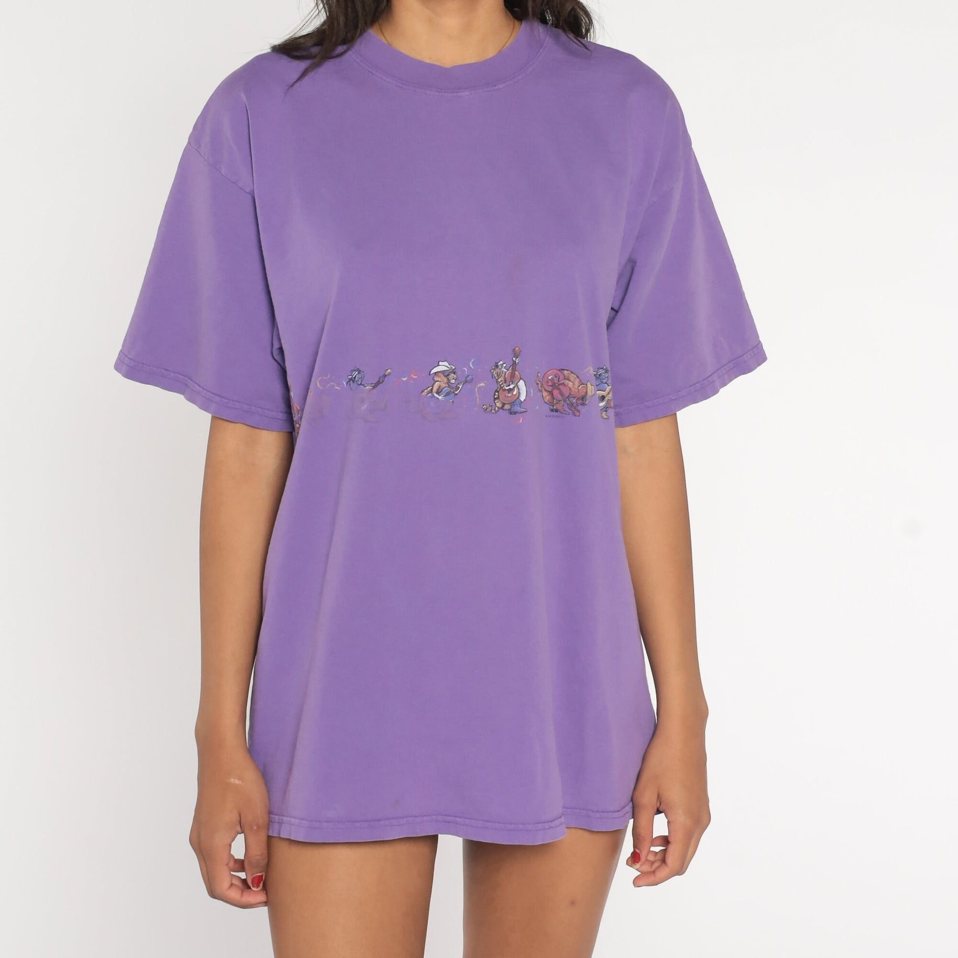 90s Cat Country Band Graphic T-Shirt Purple Cotton Tee Medium Large