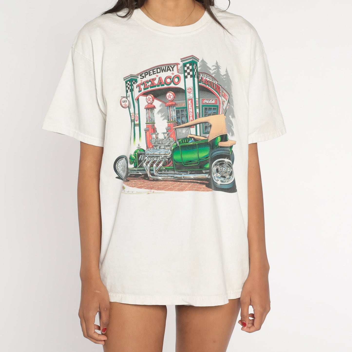 00s Texaco Classic Car Graphic T-Shirt White Cotton Tee Large L