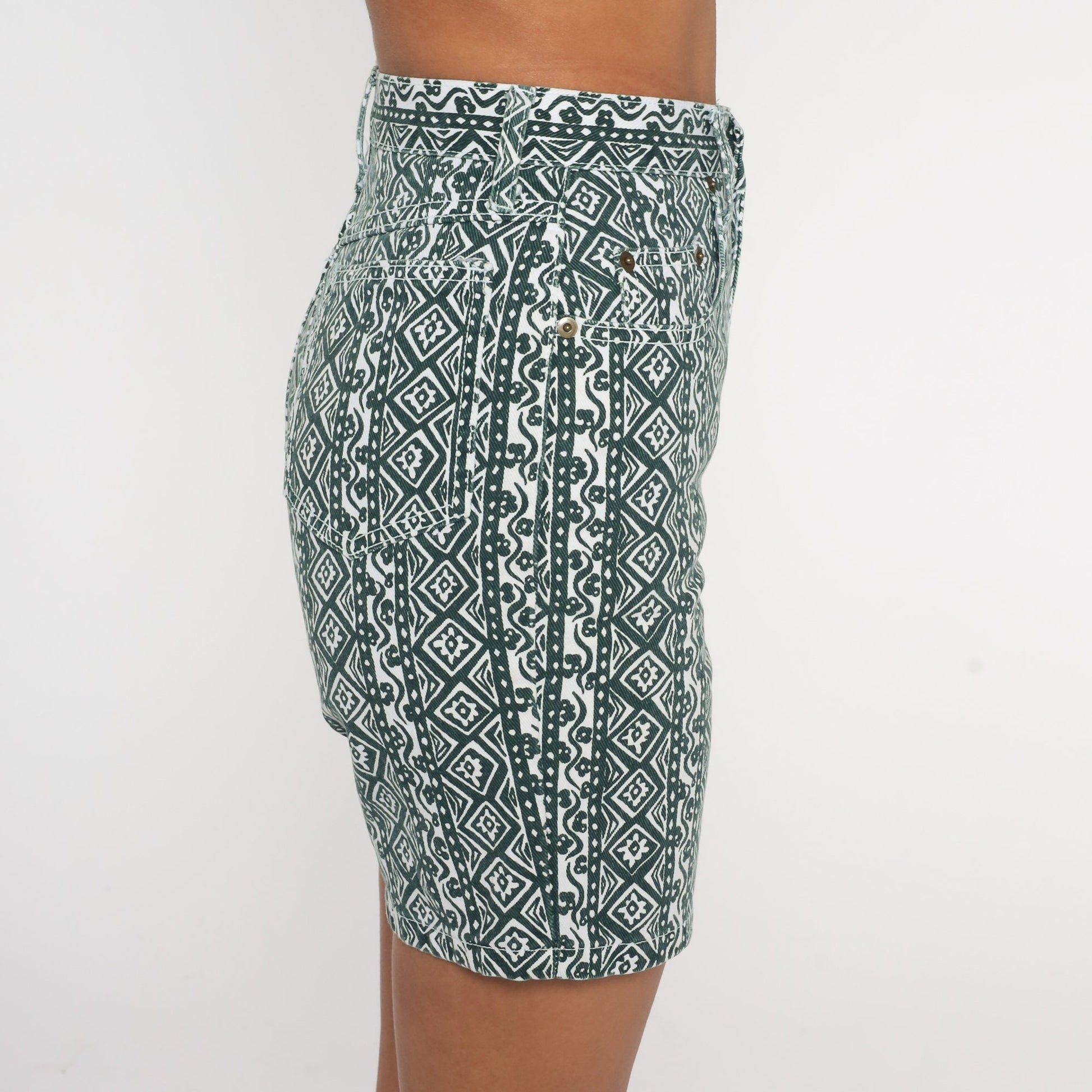90s Sostanza Floral Denim Shorts High Waist Green White Geometric Print XXS