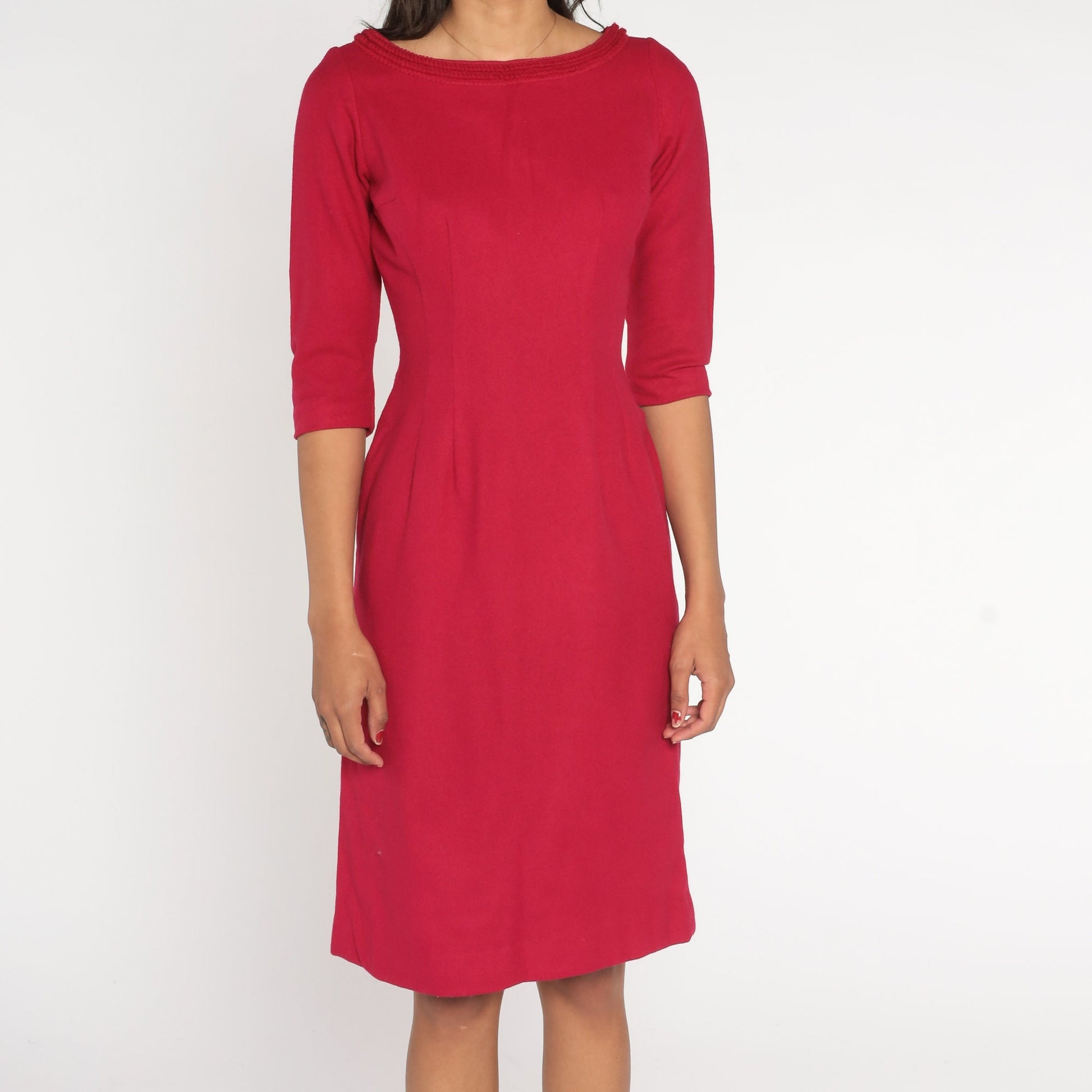 1960s Berry Wool Pencil Dress High Waist 3/4 Sleeve Knee Length Small