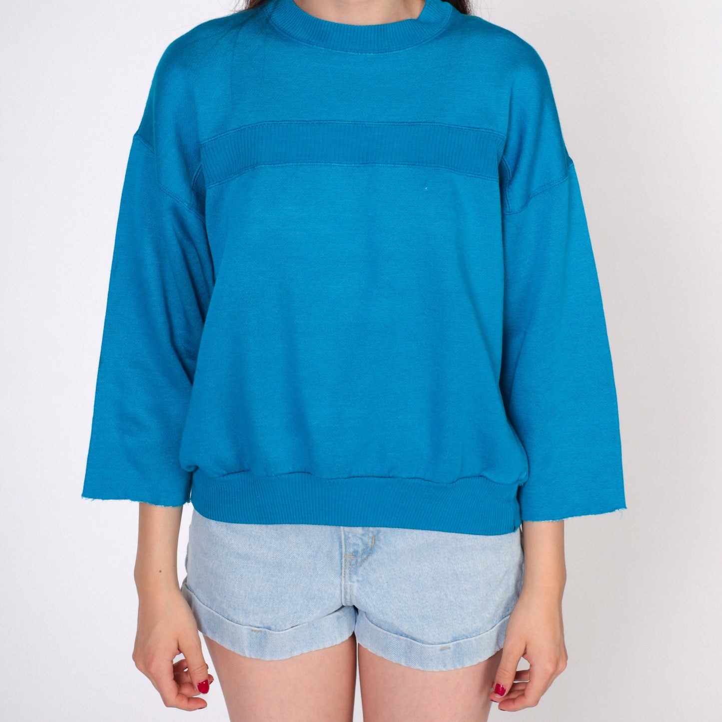 80s Turquoise Sweatshirt Cutoff 3/4 Sleeve Crewneck Stripe Medium