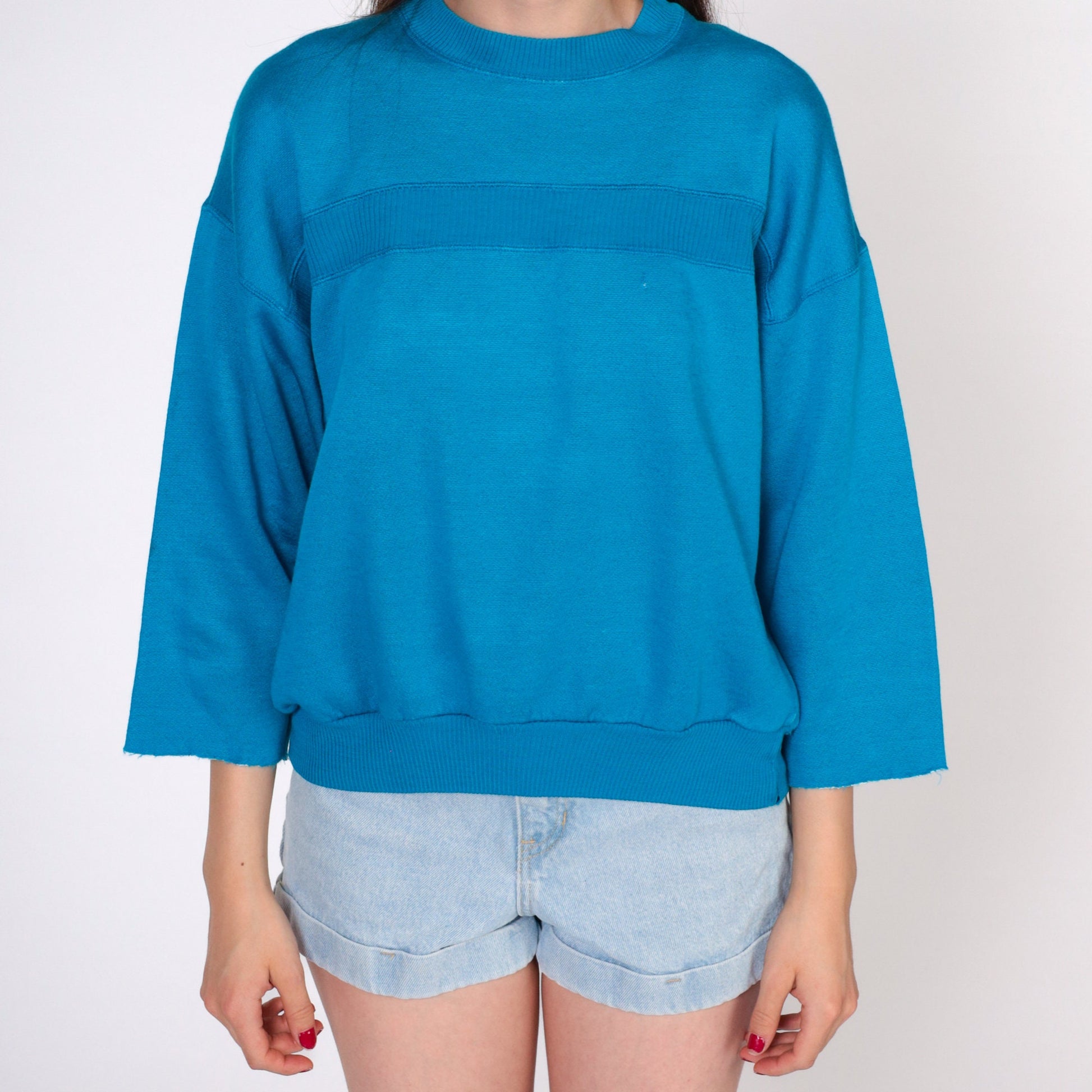 80s Turquoise Sweatshirt Cutoff 3/4 Sleeve Crewneck Stripe Medium