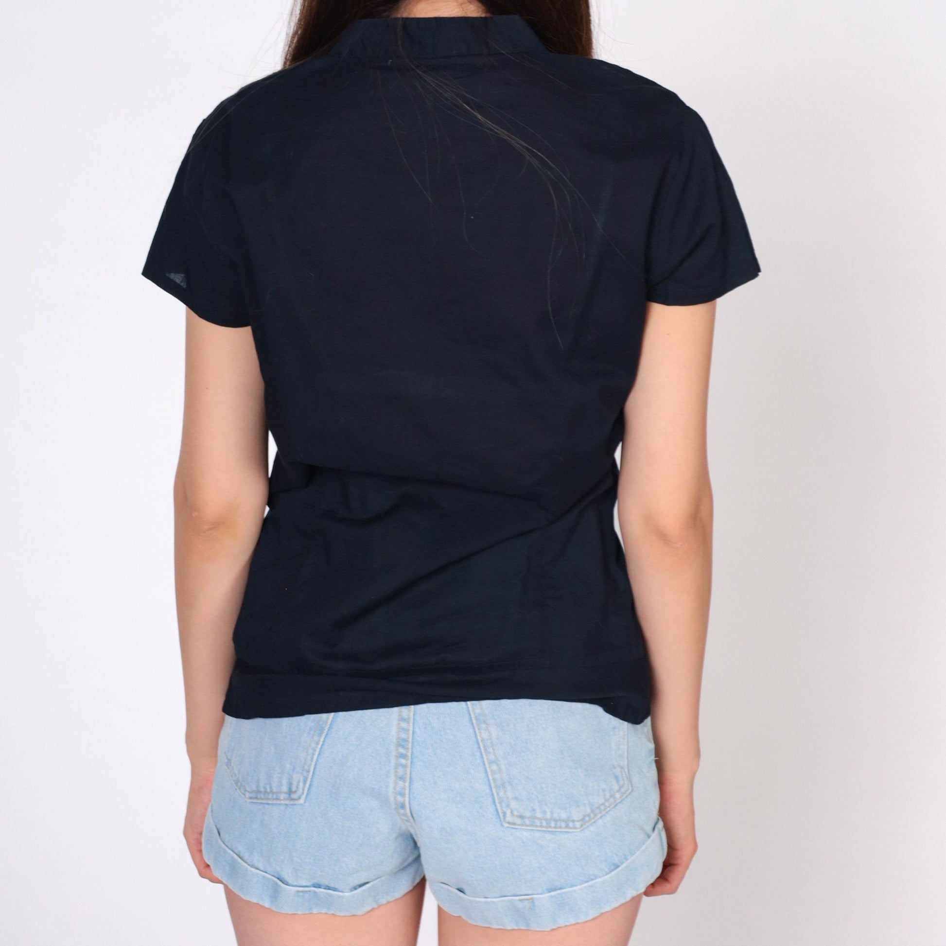 00s Black Lace Beaded Sequin Button-Up Blouse V-Neck Short Sleeve Small