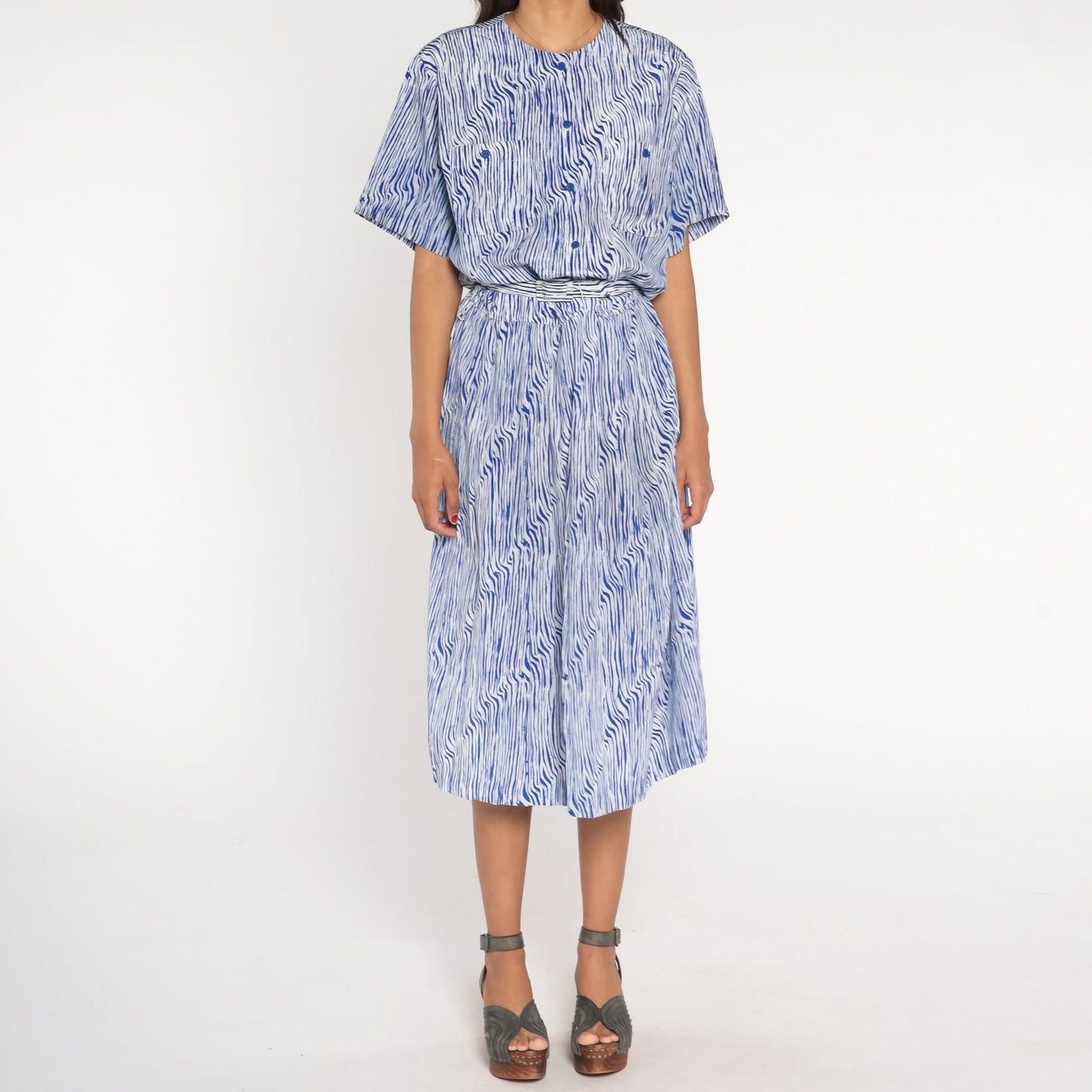 80s Blue White Striped Midi Shirtwaist Dress High Waisted Belted Large L