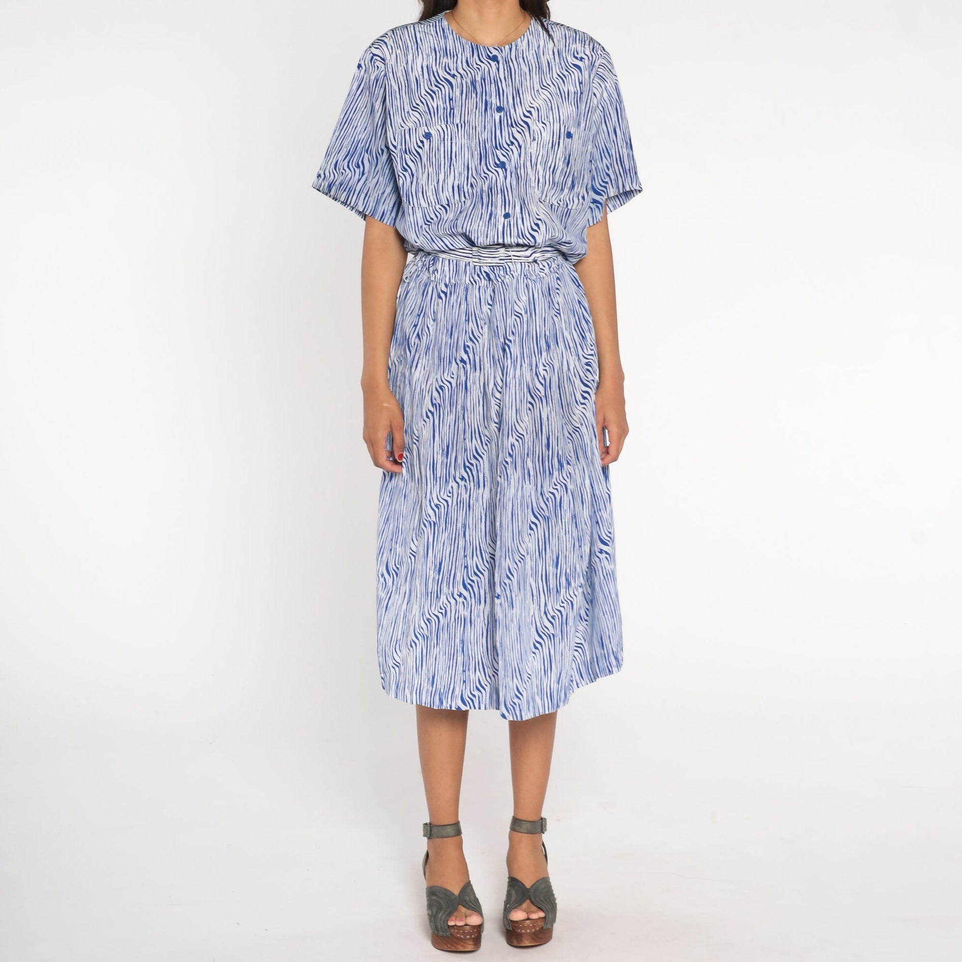 80s Blue White Striped Midi Shirtwaist Dress High Waisted Belted Large L