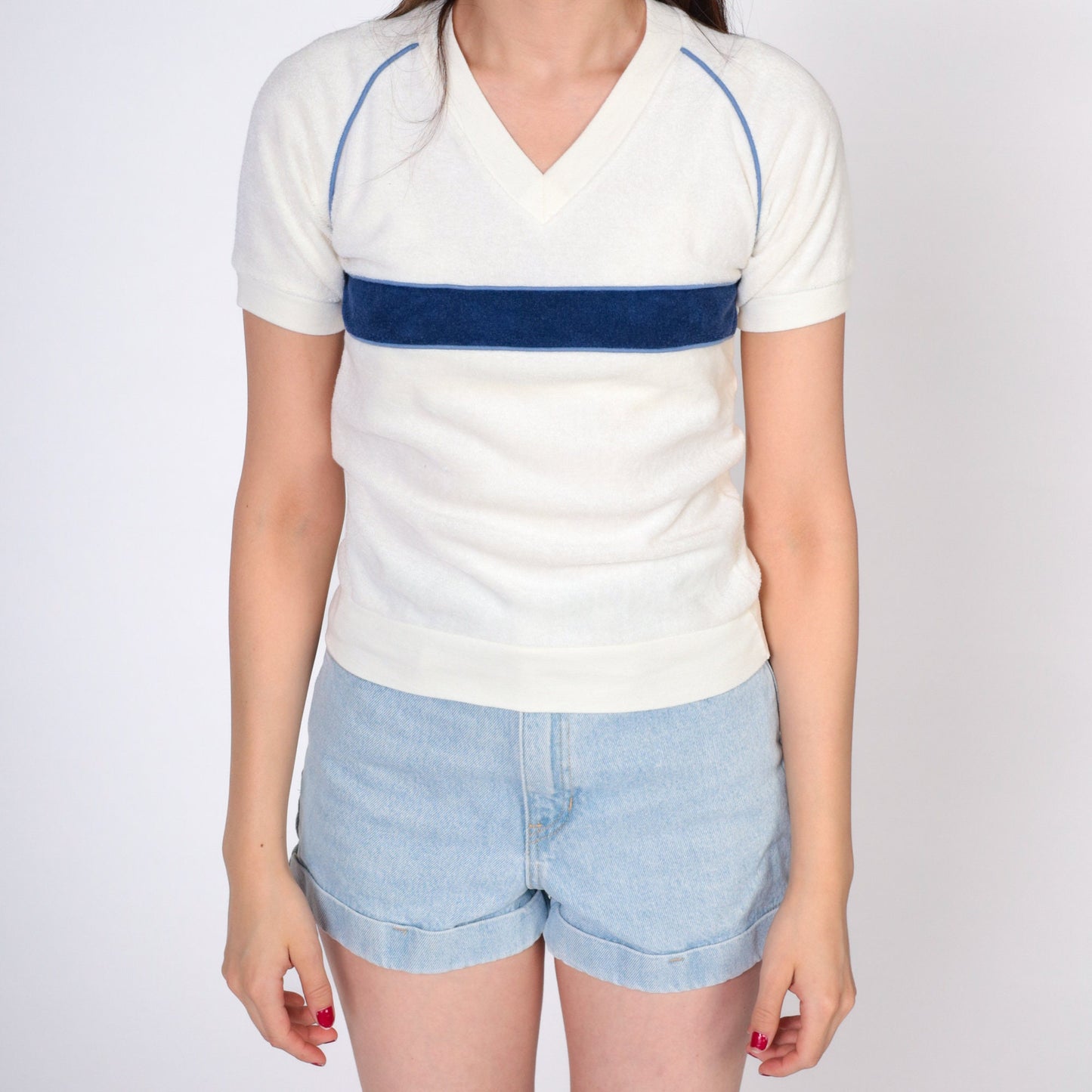 80s Mervyn's Terry Cloth V-Neck Raglan Tee Off-White Navy Stripe Extra Small